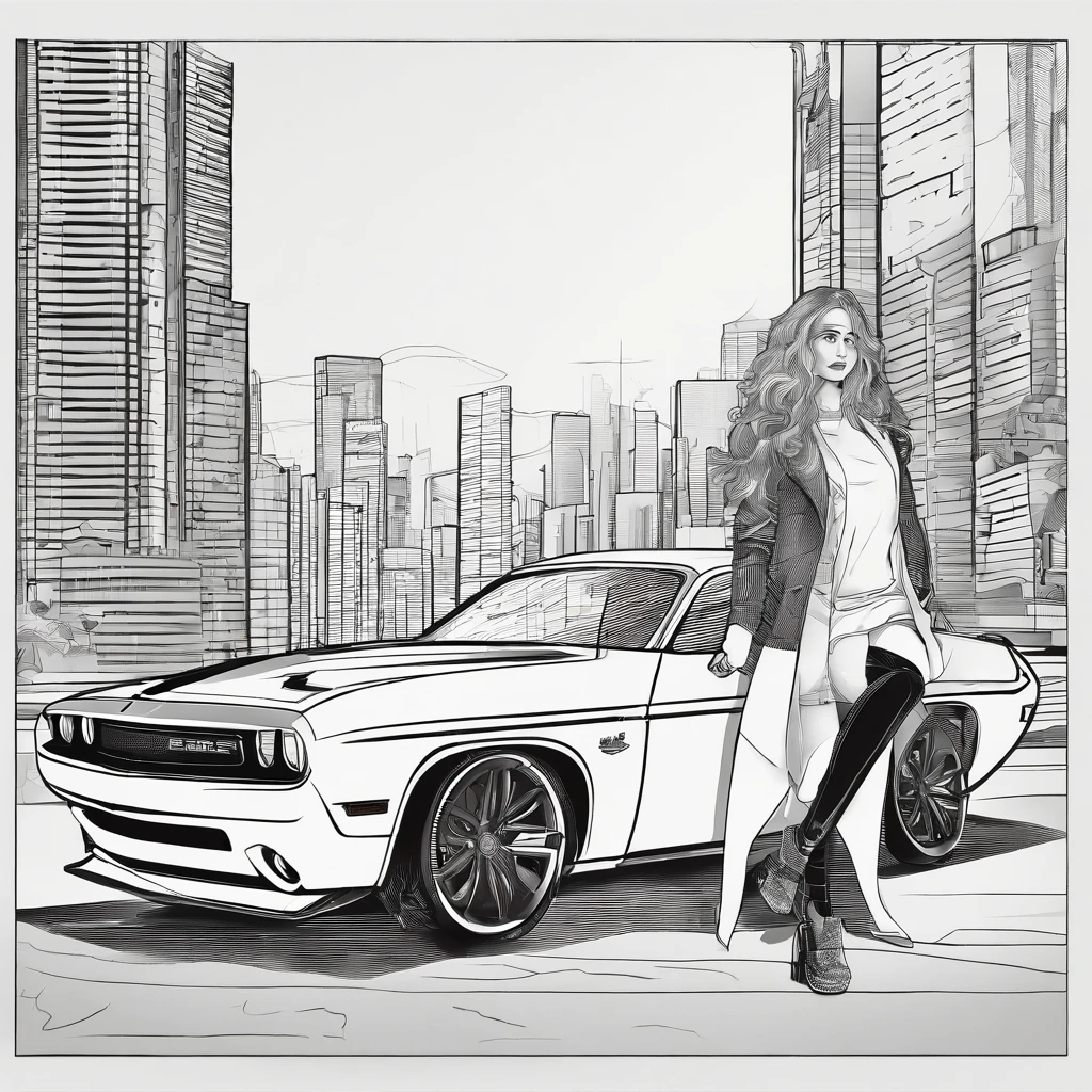 (masterpiece, best quality, detailed), 1girl, solo, Asuka Langley Soryu anime character, standing next to a red dodge challenger, Tokyo-3 city scape, seductive expression, looking at viewer