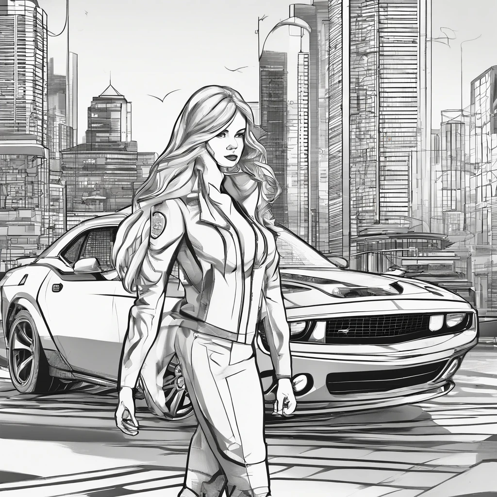 (masterpiece, best quality, detailed), 1girl, solo, Asuka Langley Soryu anime character, standing next to a red dodge challenger, Tokyo-3 city scape, seductive expression, looking at viewer