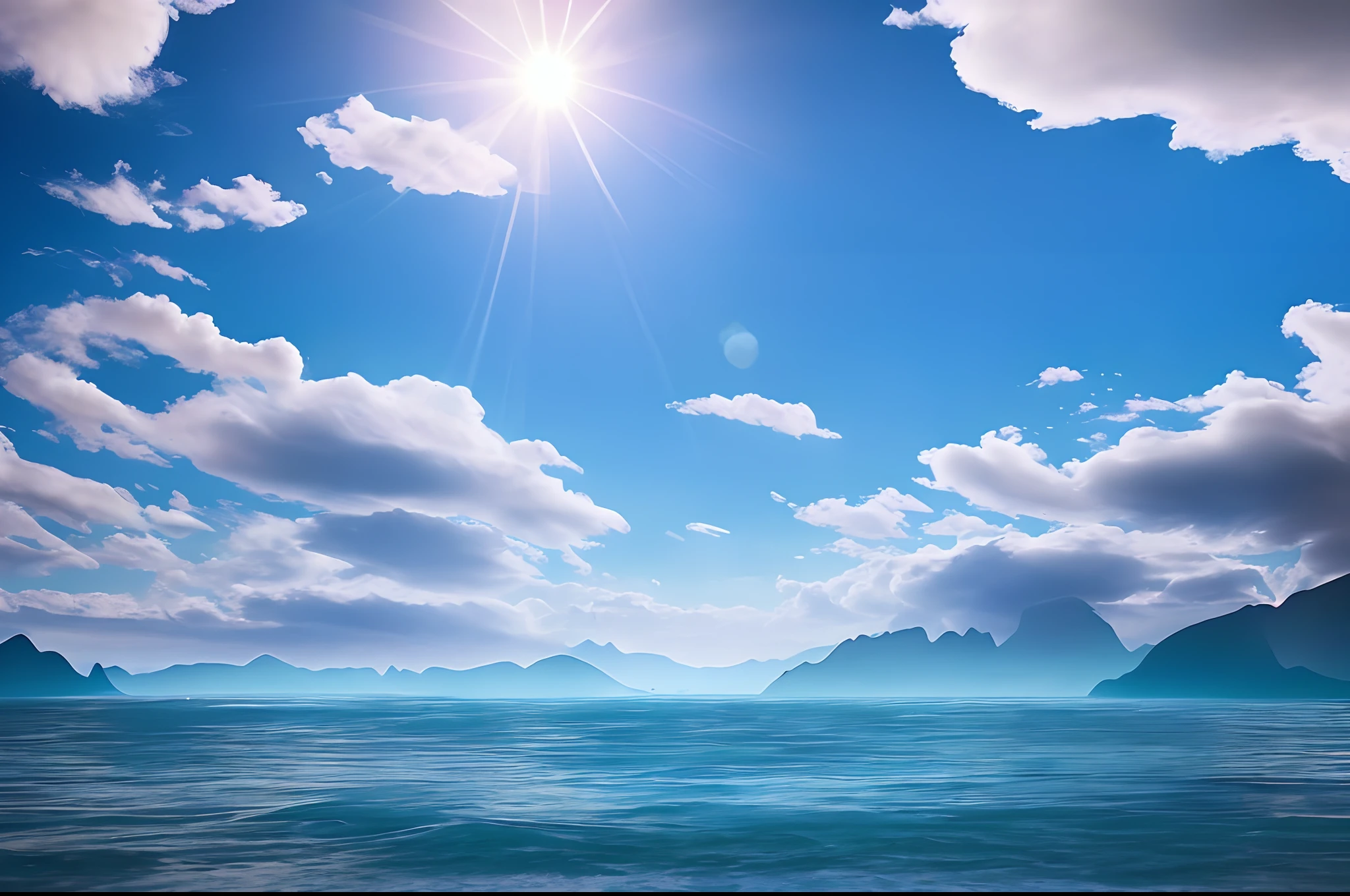 "Surrounded by clouds,Beautiful and smooth graphics,Carefully drawn landscape,Light clouds float on the surface of the water,It's like a fairyland,Anime style,Clouds,Hazy light penetrates the clouds,Stunning light and shadow reflection effects。In the photo there is a sea of clouds,The looming scenery is mesmerizing。"