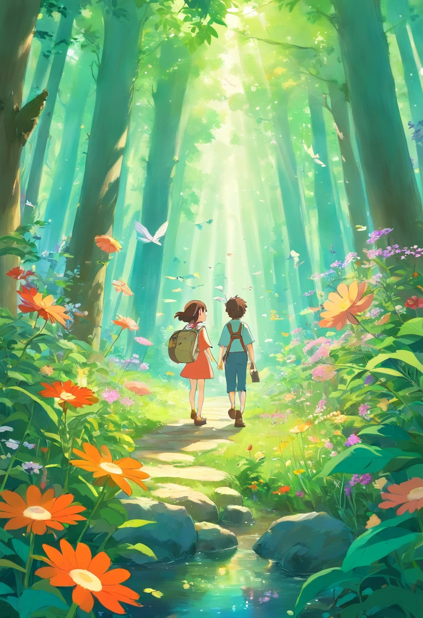 tiny faeries,ln the forest,Flowers, birds, fish and insects,nature scenes,Pure men and women,and the sun was shining brightly