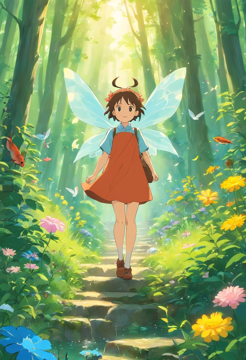 tiny faeries,ln the forest,Flowers, birds, fish and insects,nature scenes,Pure men and women,and the sun was shining brightly