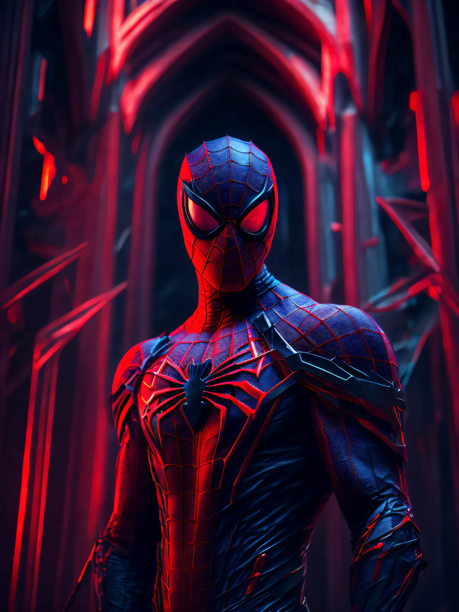 мрачный портрет Killer Spider-Man (The whole suit is covered in blood, torn suit parts) da Marvel, with intricate and angular cybernetic implants inside a brutalist building, Gothic brutalist cathedral, Cyberpunk, Foto premiada, Bokeh, neon lights, cybernetic limb
