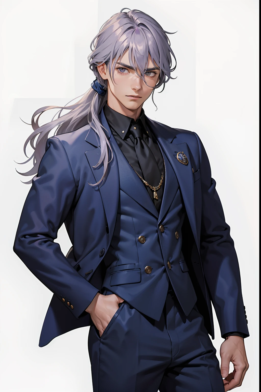 (from front), cowboy shot, portrait of a man in his 20s, 28 years old man, mysterious, melancholy, standing, ((standing bolt upright)), ((dark blue three-piece suit)), ((hair between eyes)), long side hair, bangs, ((looking at the viewer)), messy hair, shoulder length hair, ((lilac gray hair)), pale skin, dark brown eyes, game graphic, white background,