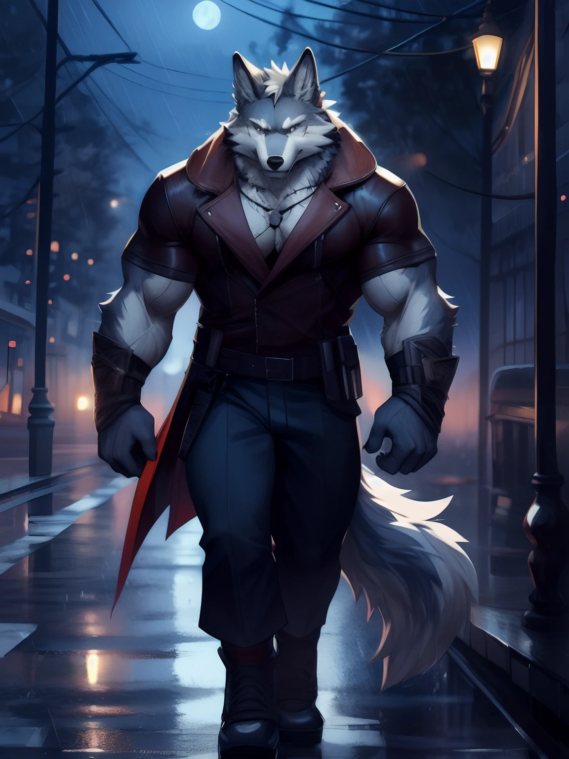 anthro wolf, Furry, rain, armed, White wolf, Scar, musculature, Night, Handsome, Walking, Masterpiece, hires, 8K, nj5furry