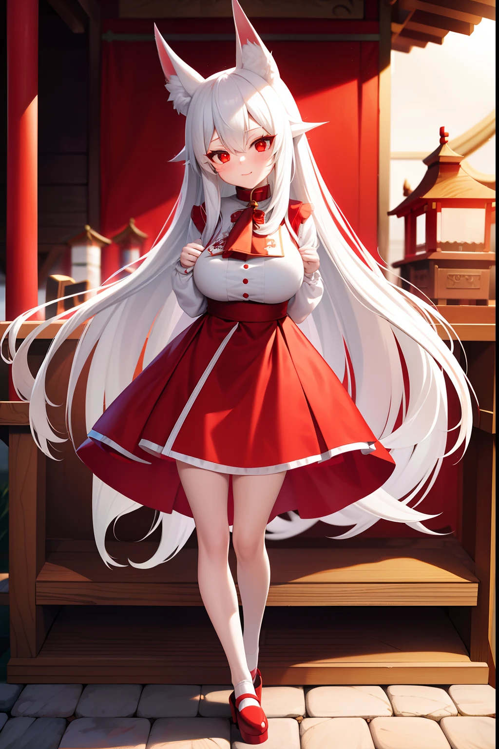 long  white hair，red pupils，fox demon，age 5，huge tit，Short height，gnome，shrine maiden，cropped legs，Red and white witch dress skirt，Charming，Clogs shoes，having fun，Reach forward with your hands，