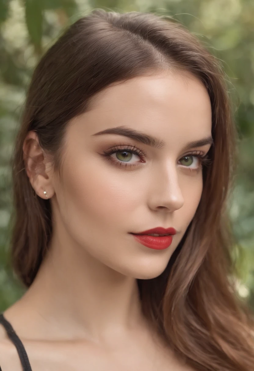 mulher arafed com uma regata vermelha e um colar em um clube, menina sexy com olhos verdes, Retrato Sophie Mudd, cabelos castanhos e olhos grandes, selfie de uma jovem mulher, Olhos do quarto, Violeta Myers, sem maquiagem, maquiagem natural, Looking directly at the camera, Rosto com ArtGram, maquiagem sutil, close-upheadshot impressionante, olhos verdes penetrantes