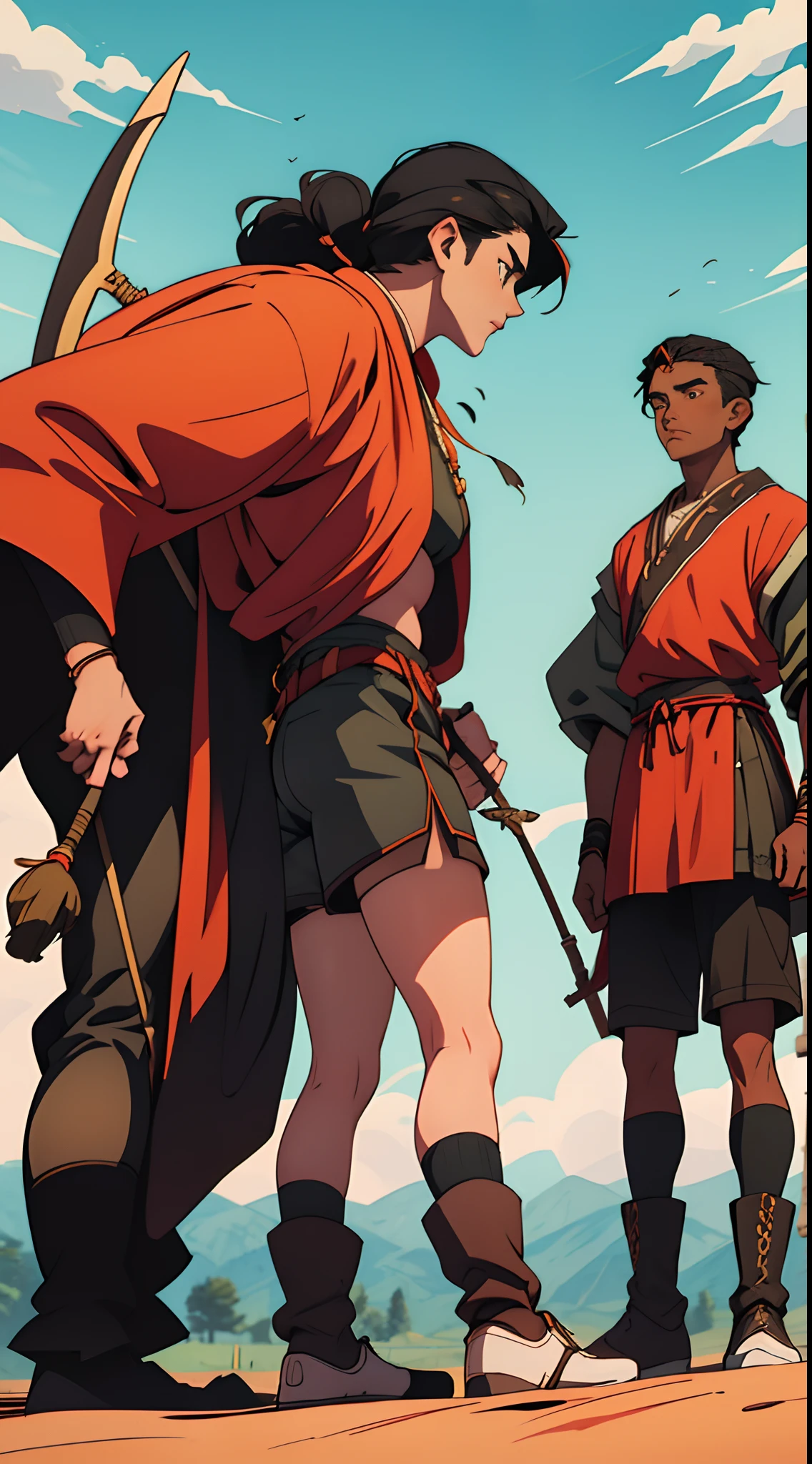 Young 17-year-old shooter, black skin, short black hair, He wears a tunic with earthy colors and tribal patterns, along with shorts and boots. . He is the grandson of the old woman of the tribe. It is serious and imposing. Usa un arco de bronce y flechas de plata. Estilo anime