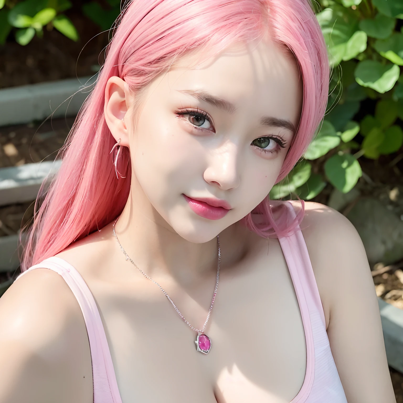 a RAW Photo of girl, (masterpiece:1.1), best quality, ultra high res, high detailed, (photorealistic:1.4), sharp, focus, face detail, (eyebrow piercing:1.1), detailed eyes, detailed face, 1girl,Pink suspenders,Gem Necklace,(Pink hair:1.2),looking at viewert,closeup cleavage,ssmile,Water spirit eyes,adolable