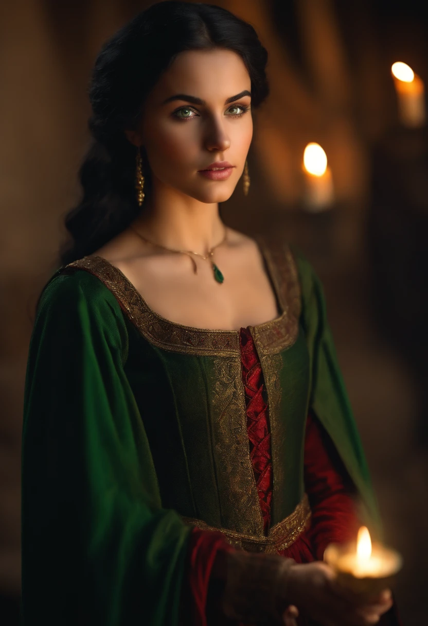 fair complexion, woman around 19 years old, natural black hair, distinctive green eyes, full body, wearing kohl, slender and graceful, beautiful, candlelight in a medieval setting, ultra sharp focus, realistic shot, medieval female clothes, tetradic colors