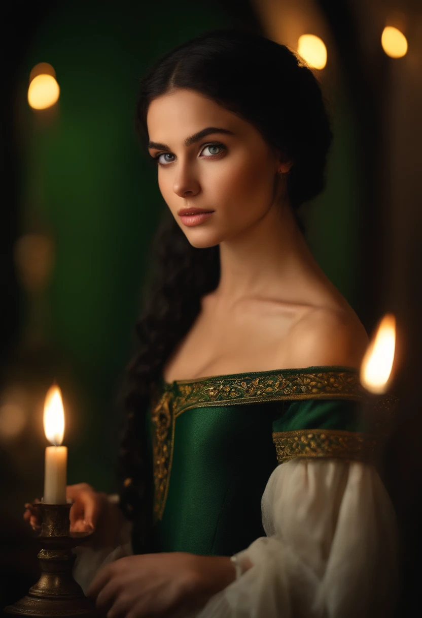 fair complexion, woman around 19 years old, natural black hair, distinctive green eyes, full body, wearing kohl, slender and graceful, beautiful, candlelight in a medieval setting, ultra sharp focus, realistic shot, medieval female clothes, tetradic colors