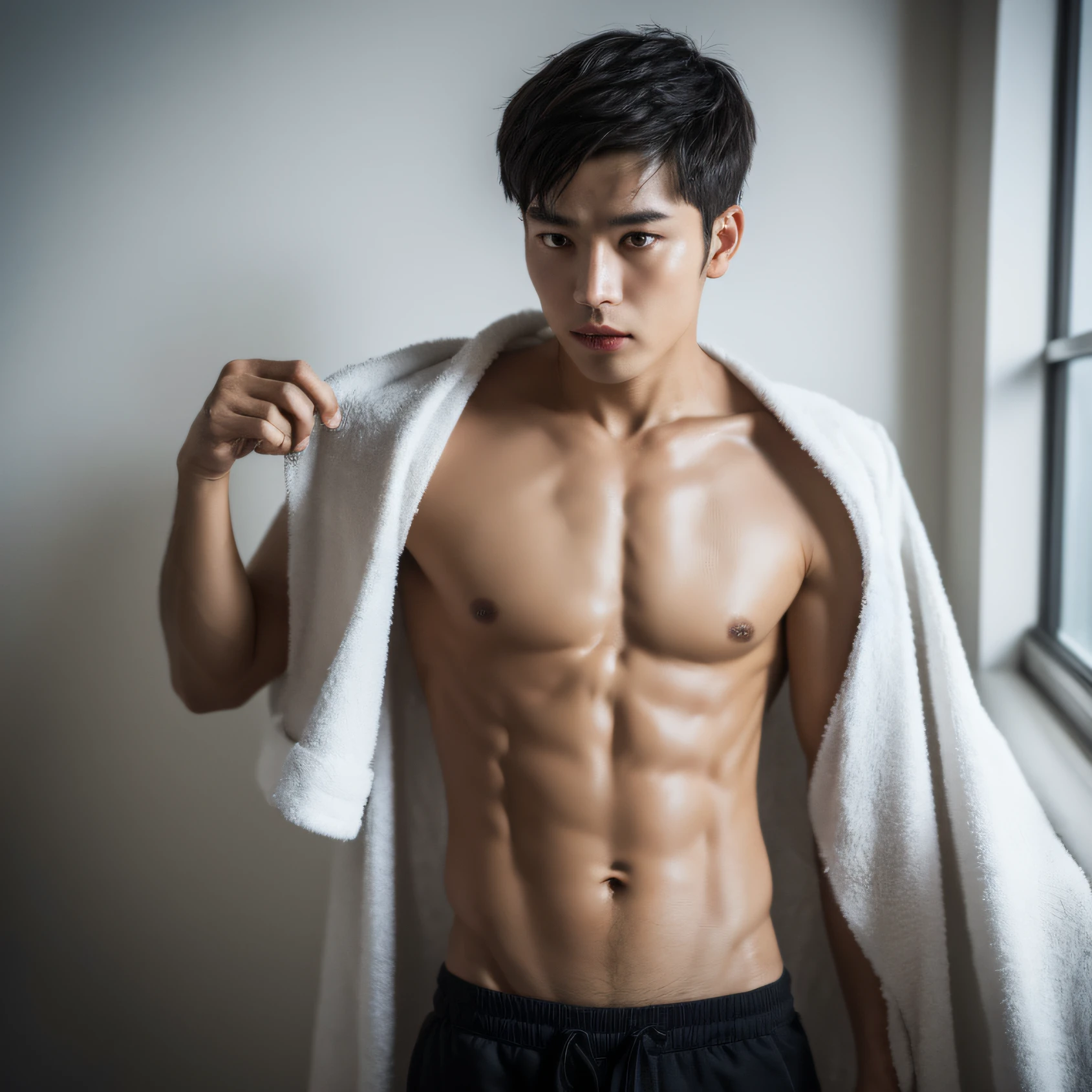 ( (8K:1.27), 4K，best qualtiy, tmasterpiece, 超A high resolution:1.2) Photo of Chinese man, Young men，Perfect face，perfect bodies，Expose your abs，realskin，super detailing，Wrap a towel around your waist，After the bath，washroom，darkened room，Little water droplets，Black pants