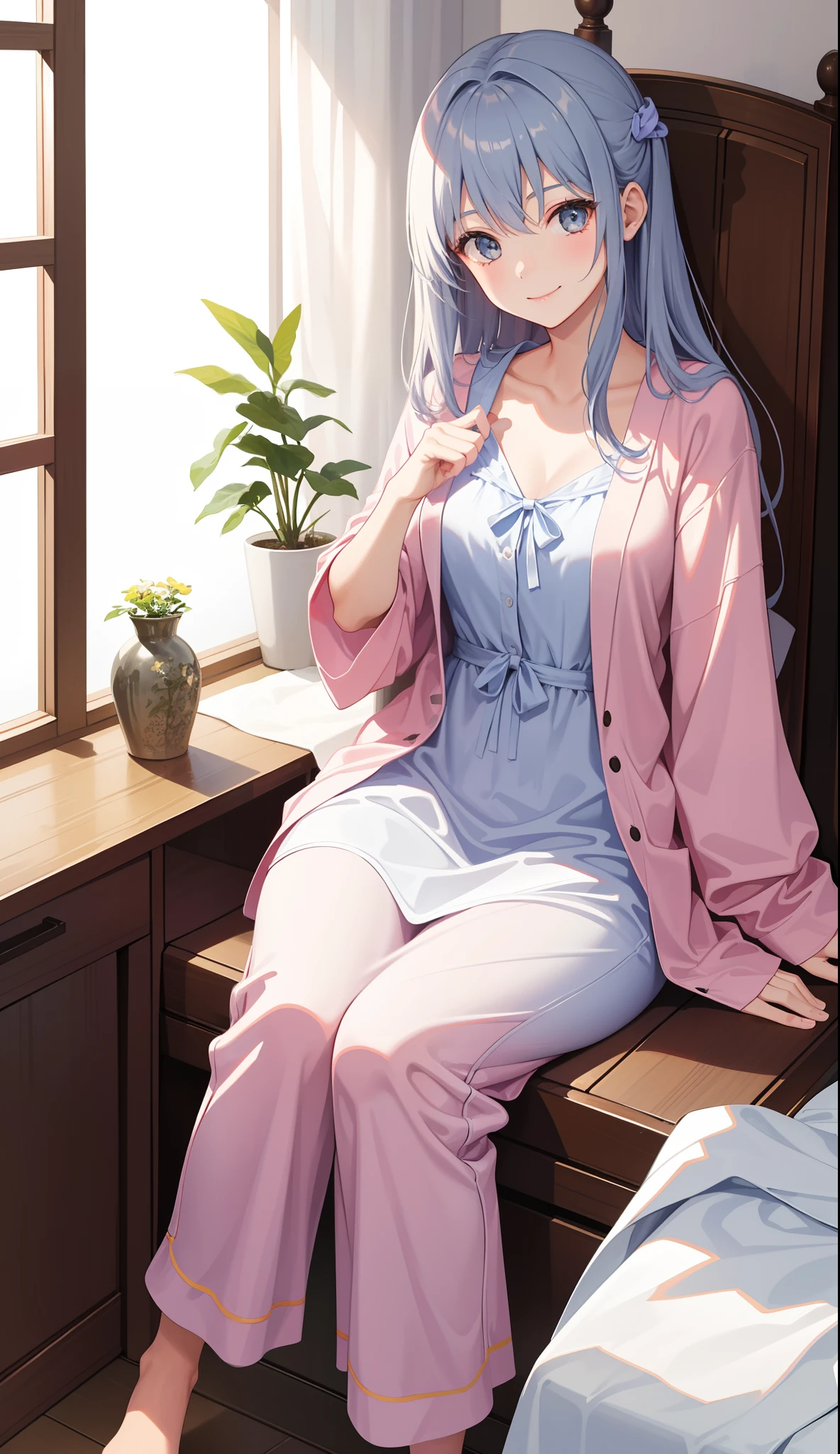 1girl in、AS-Adult、A smile、dressing gown、Cute loungewear、