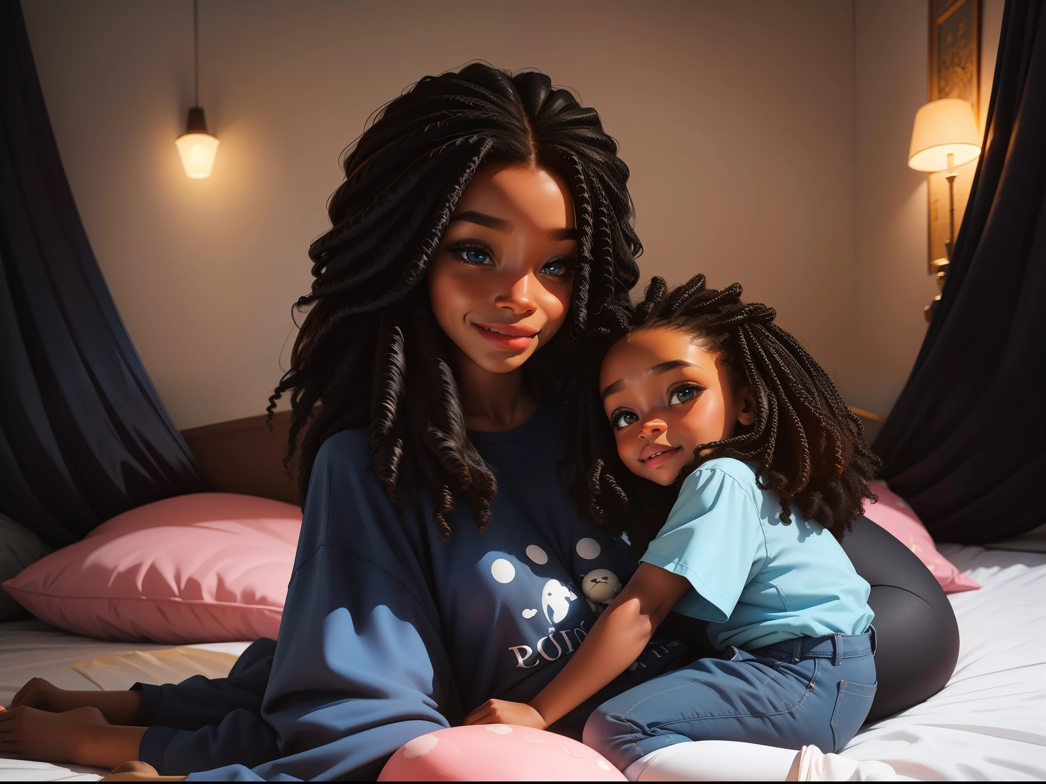 Black child, estrelas e lua, castelo, teddy bear, cabelo negro, quarto rosa, imagem bem detalhada, imagem com muitos detalhes, menina fofa, menina sorrindo, cama branca, small child, 5-year-old child, idade 5 anos, mother and daughter, roupa azul, blue pants, blusa azul