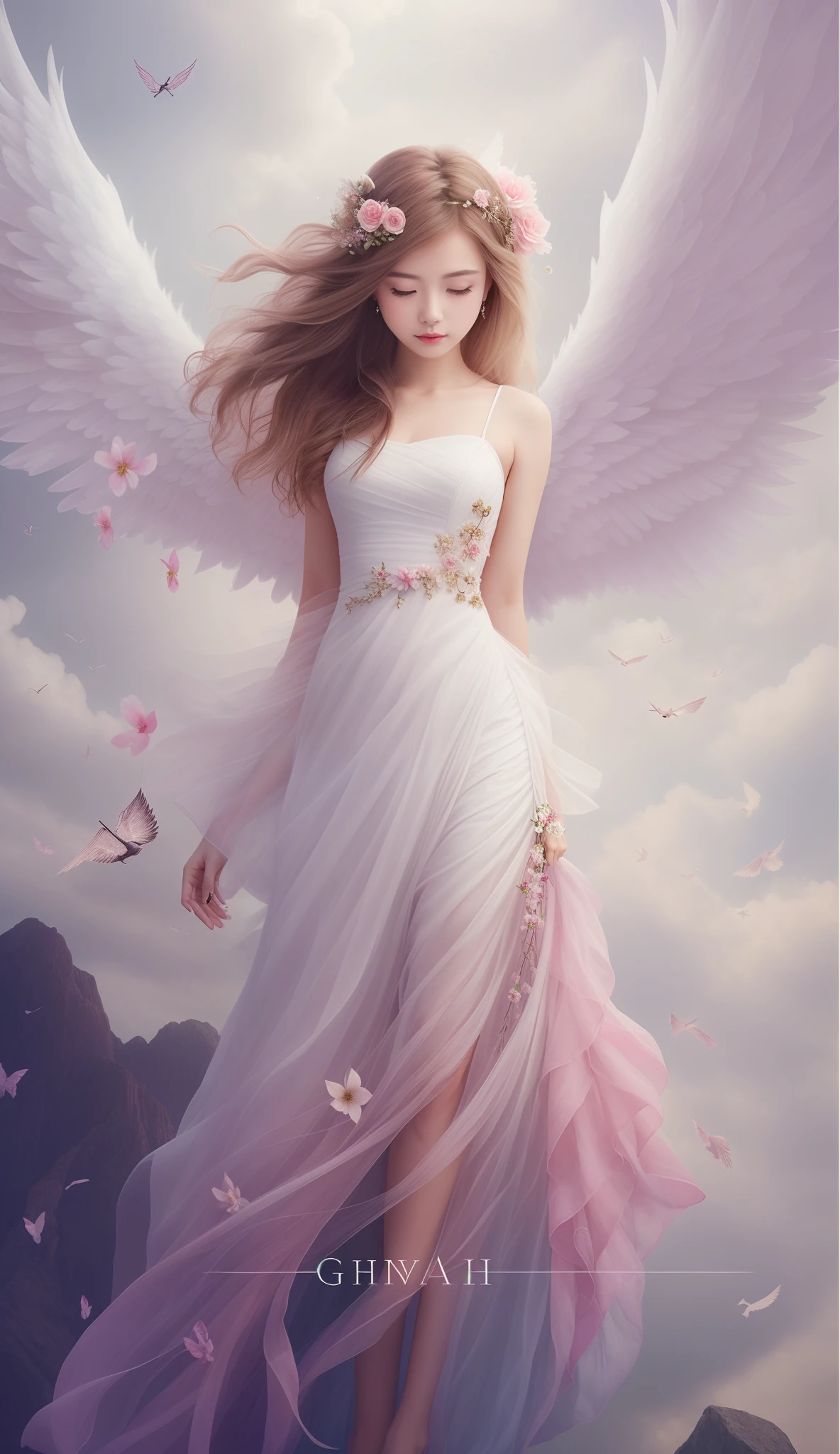 Drawing a woman in a white dress,Wings and flowers are depicted, Beautiful Angel, full - body majestic angel, a beautiful female angel, of an beautiful angel girl, tall female angel, Beautiful Angel, Angel Girl, Portrait of a beautiful angel, angelicales, beautiful angel girl portrait, winged girl angel, beautiful fantasy art, beautiful angelic wings, ethereal wings、straight haired、