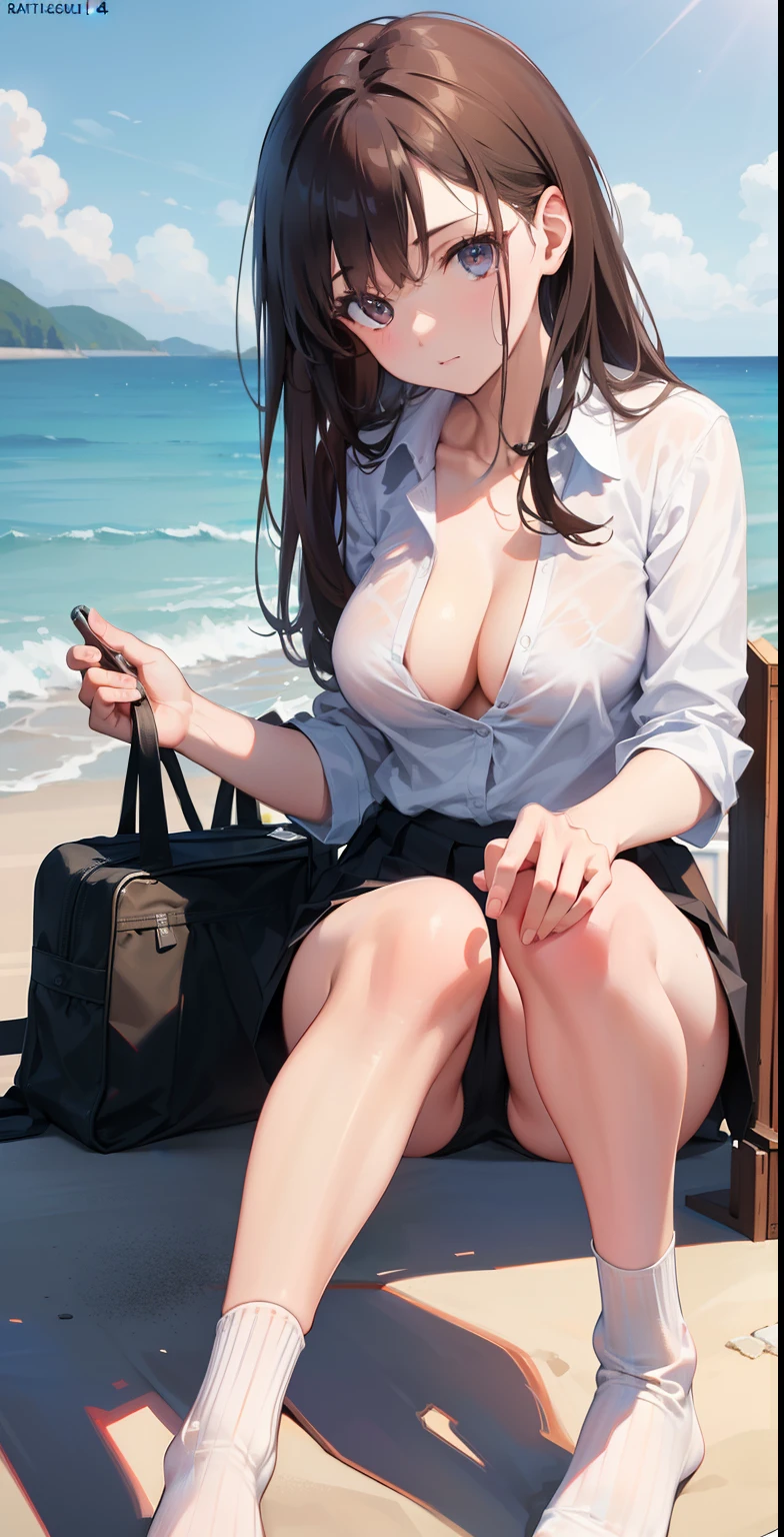 ultra detailed, highres, (realistic, photorealistic: 1.4), 8k, raw photo, (masterpiece), (best quality), physics-based rendering, female college student, long brown hair, Korea, beach, looking sock unbuttoned_white_shirt