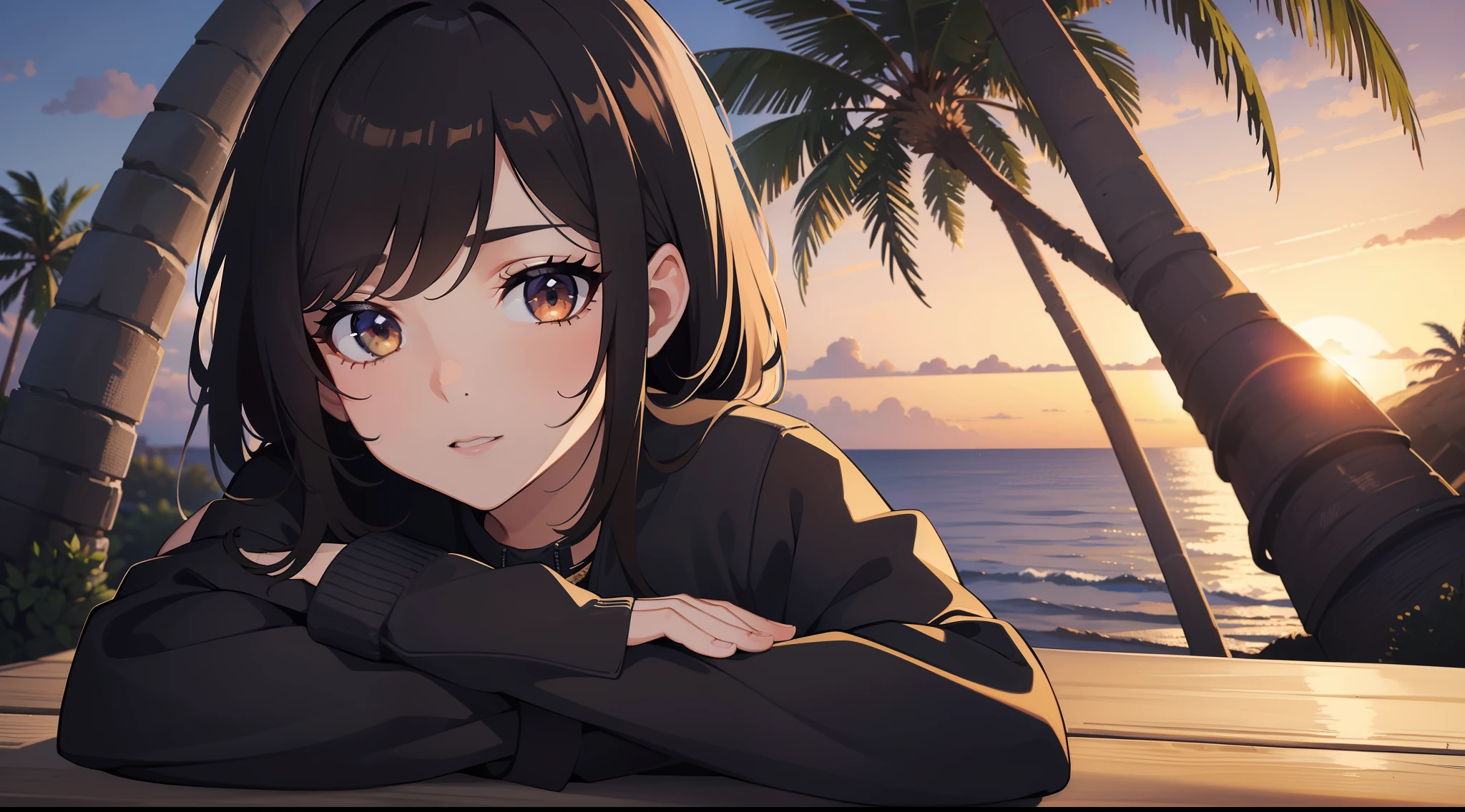 (best quality,ultra-detailed,highres,masterpiece:1.2),realistic,portraits, vivid colors, sharp focus, HDR, longdarkbrownhair, bigbusts, hunter, pinkeyes, beautiful detailed face, indigoblueleatherjacket, blacklowcutshirt,indigobluerippedpants, sexy,beach scene,bokeh, sunset, waves, sandyshore, palm trees, gentle breeze, golden light