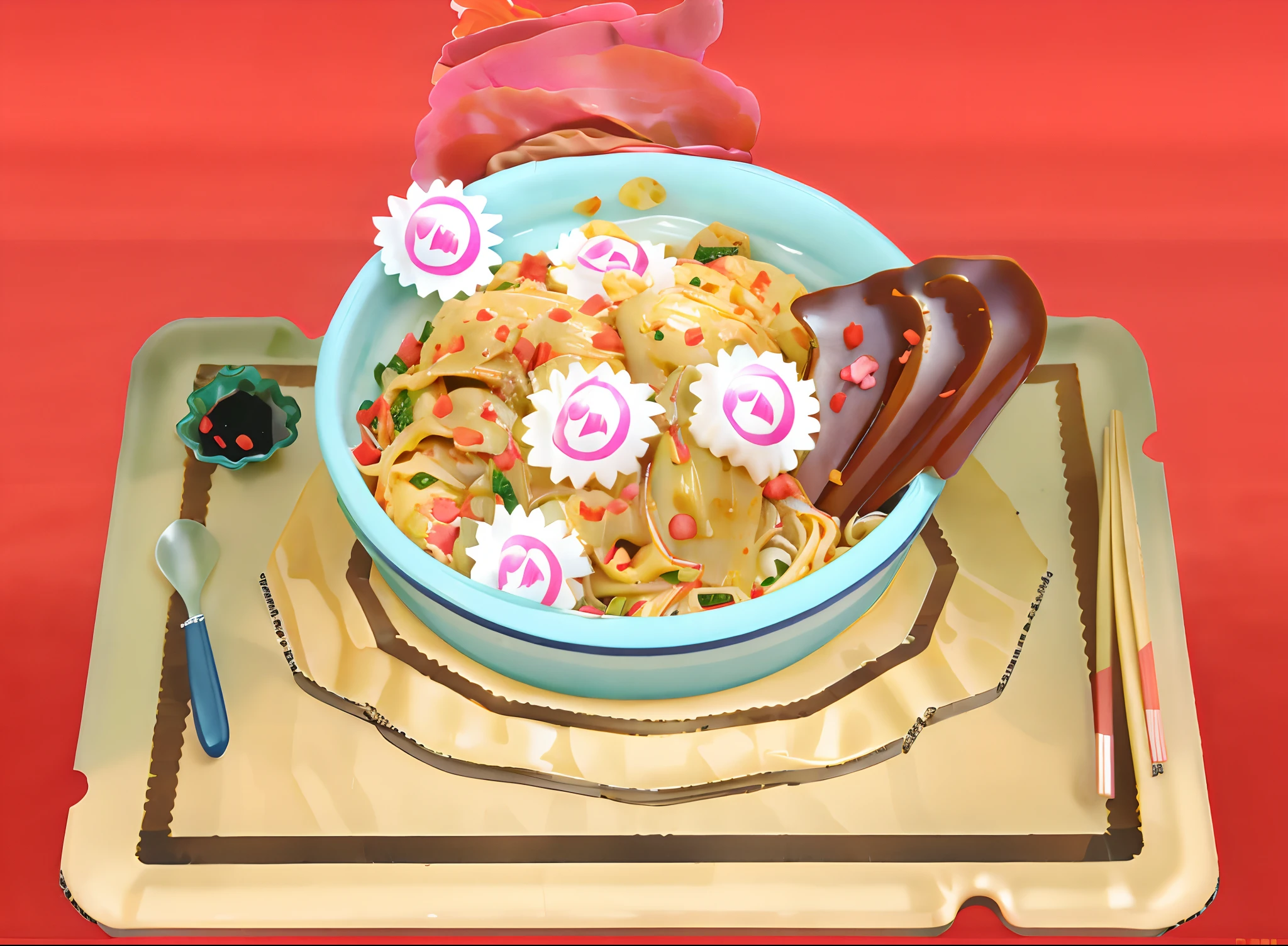 There is a bowl of noodles with a spoon and fork on a tray, Comida de anime, noodle, imagem de comida super realista, Aokamei, Suki, Umamusume, Loli, delicioso, estimar, Pichacu cozinha uma lula, inspirado em Tsuruko Yamazaki, Hajime Katoki, prado, mom's spaghetti