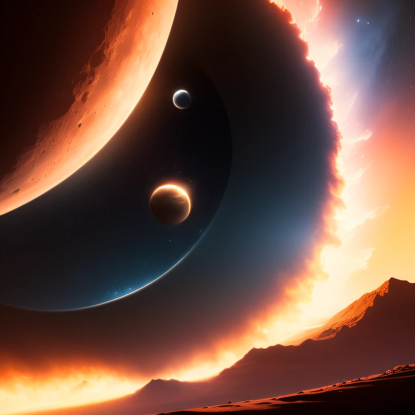 Alien base (Very detailed) In the mountainous desert,There are several exhaust fans and chimneys, Some spotlights come out of the base to illuminate dark places, (Extreme nights), Some golden clouds in the night sky, Some of the surrounding planets provide air to unknown planets,The farthest giant volcano is erupting