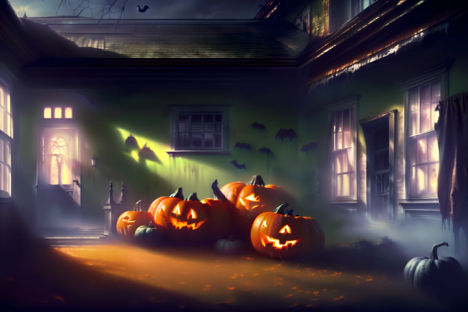 (best quality,4k,8k,highres,masterpiece:1.2),ultra-detailed,(realistic,photorealistic,photo-realistic:1.37),horror,scary Halloween,color picture,abandoned house,bats,pumpkins,ghost.