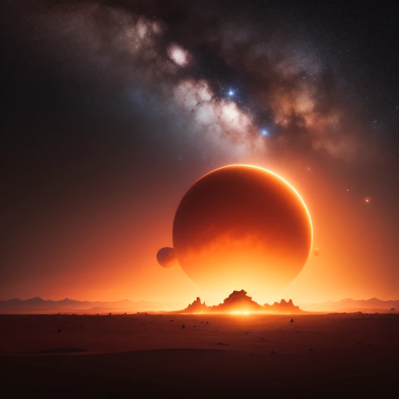 Alien base (Very detailed) In the mountainous desert，There are several exhaust fans and chimneys, Some spotlights come out of the base to illuminate dark places, (Extreme nights), Some golden clouds in the night sky, Some of the surrounding planets provide air to unknown planets，The farthest giant volcano is erupting