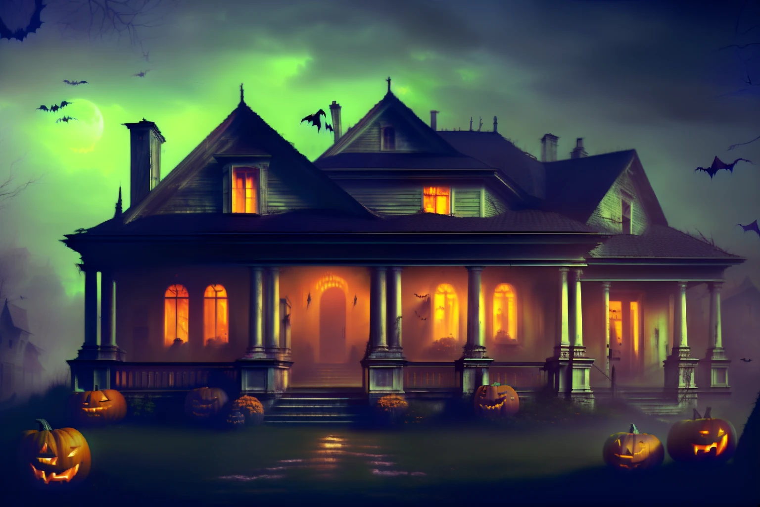 (best quality,4k,8k,highres,masterpiece:1.2),ultra-detailed,(realistic,photorealistic,photo-realistic:1.37),horror,scary Halloween,color picture,abandoned house,bats,pumpkins,ghost.