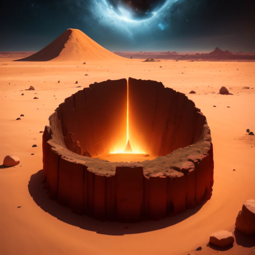 Alien base (Very detailed) In the mountainous desert,There are several exhaust fans and chimneys, Some spotlights come out of the base to illuminate dark places, (Extreme nights), Some golden clouds in the night sky, Some of the surrounding planets provide air to unknown planets,The farthest giant volcano is erupting