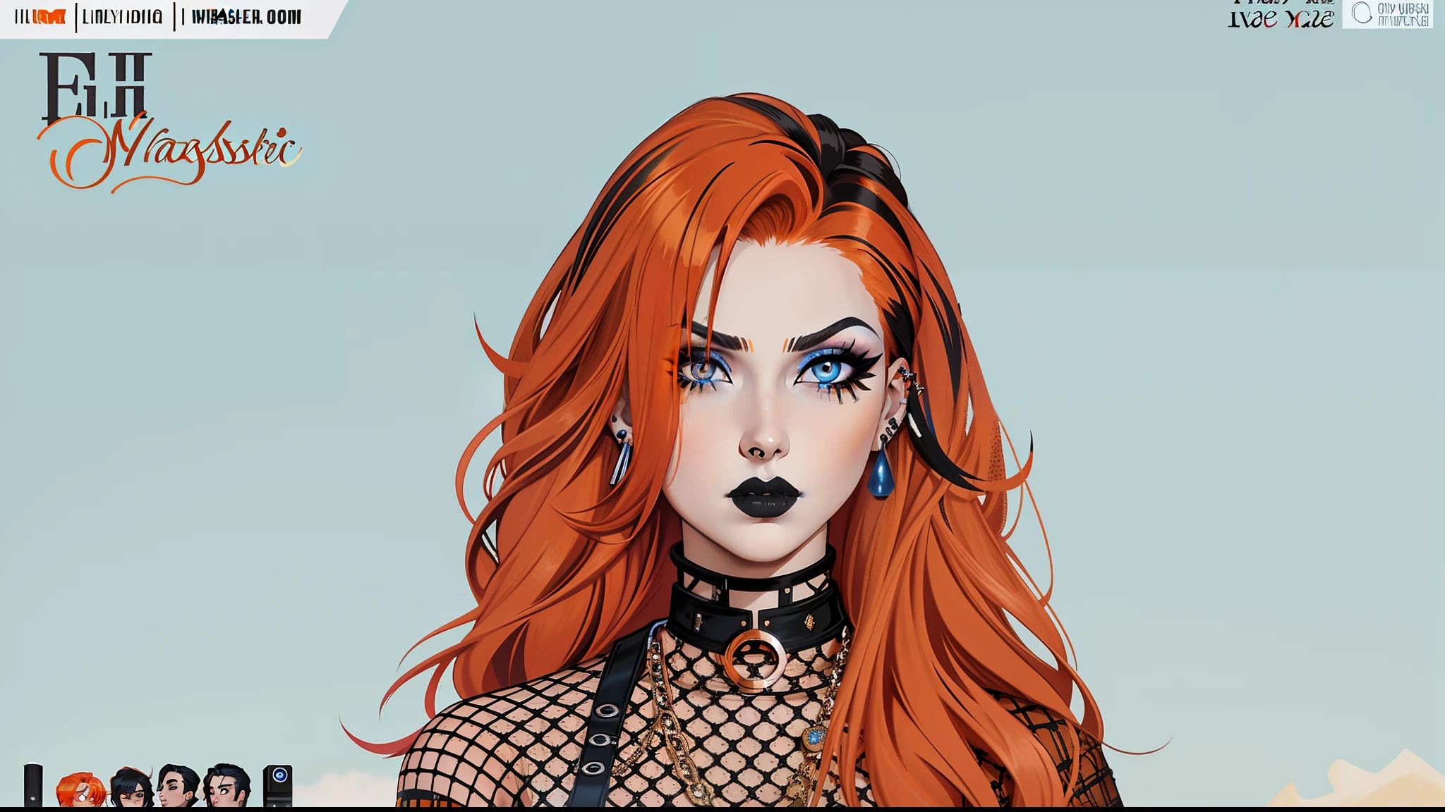 ((masterpiece)), ((highest quality)), 1girl, 25 years old, fiery orange hair, icy blue eyes, black eyeliner, black eyeshadow, black lipstick, eyebrow piercing on the left side, lower lip piercing, serious expression