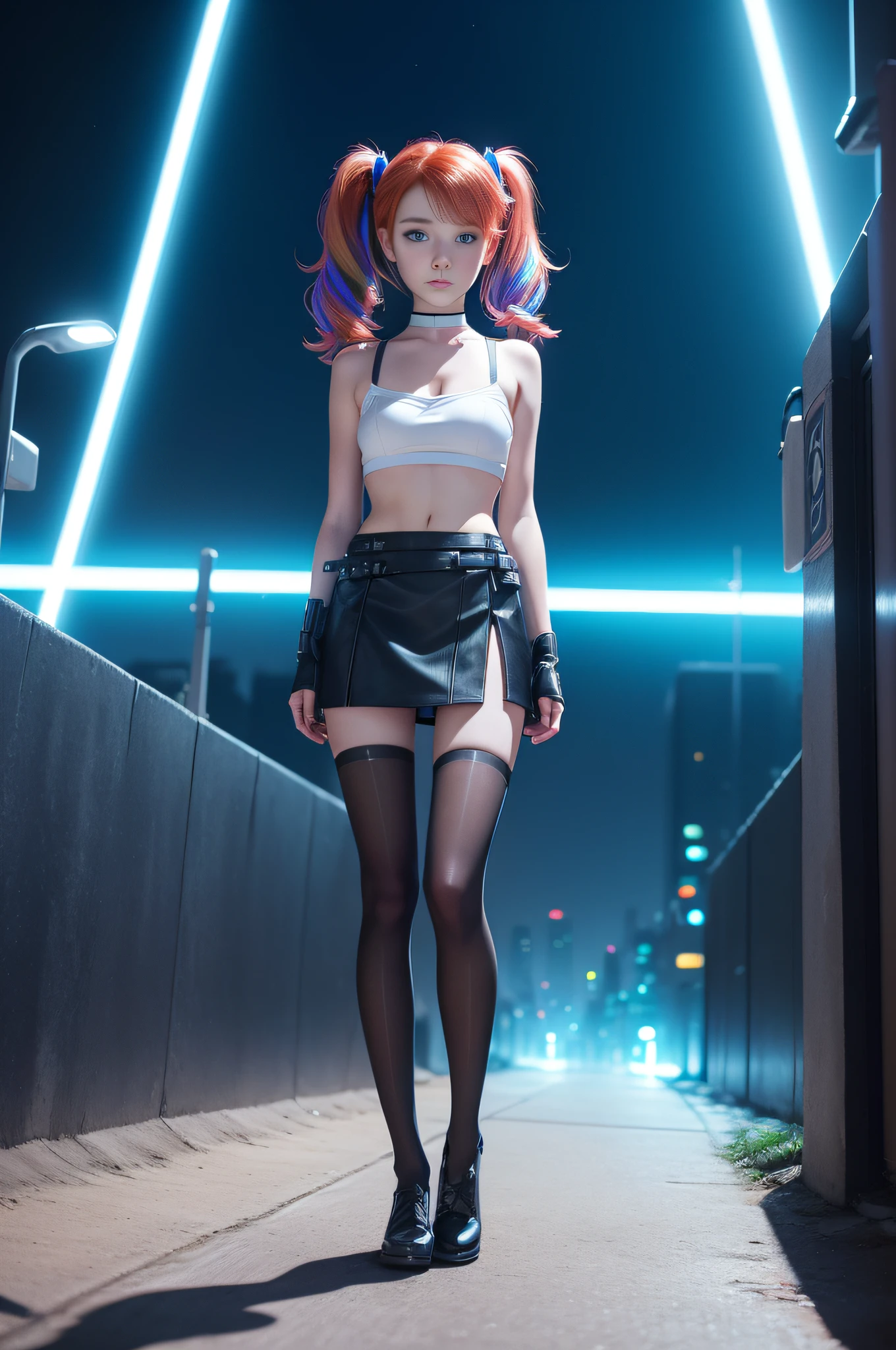 1 girl, solo, (nsfw), cute redhead 18-year-old girl in twin tails, ((perfect female body)), (cute face make up), multiple (rainbow colored hair: 1.2), (beautiful detailed blue eyes: 1.6), (photo realistic eyes: 1.6), happy, Ukrainian, (petite body), ((small hips)), pale white skin, (mini skirt and tube top), (matte pantyhose: 1.6), (("TRON LEGACY futuristic city" style background)), (night time:1.2), photo realistic.