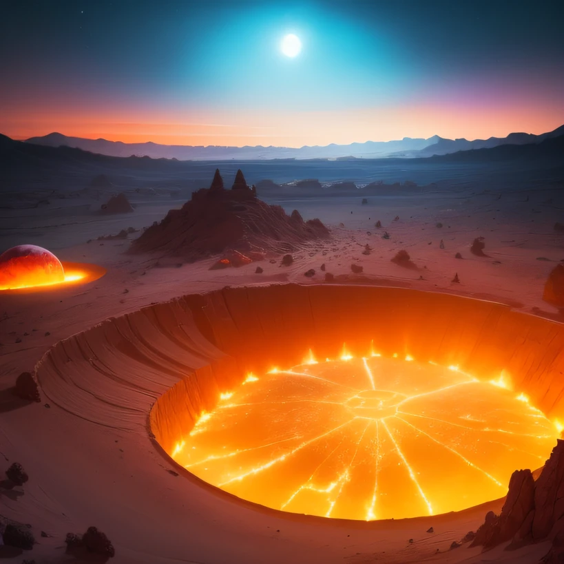 Alien base (Very detailed) In the mountainous desert,There are several exhaust fans and chimneys, Some spotlights come out of the base to illuminate dark places, (Extreme nights), Some clouds in the night sky, Some of the surrounding planets provide air to unknown planets,The farthest giant volcano is erupting
