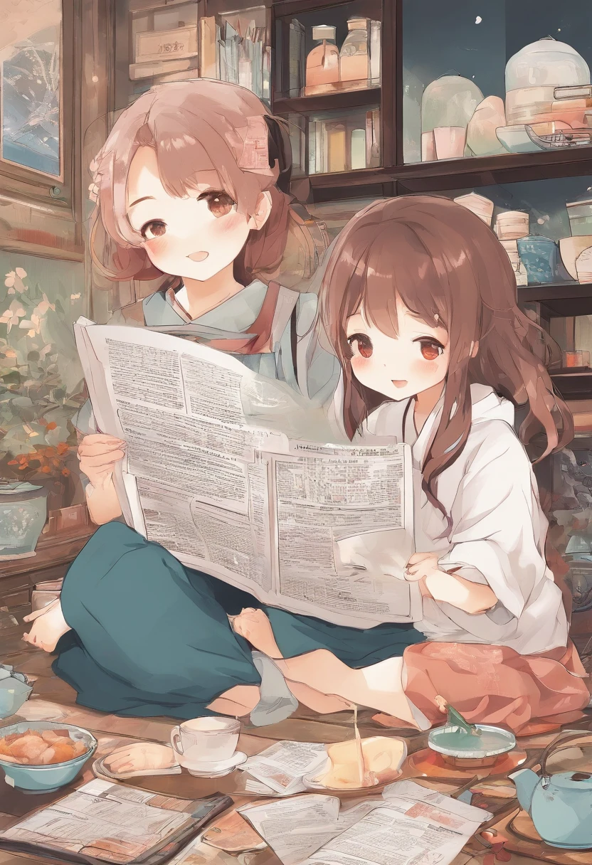 Age of peace，Cosy family，Wife cooking，The husband reads the newspaper，The child writes homework