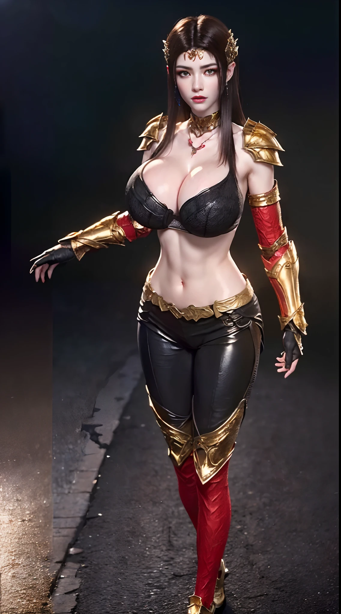 Solo, 1 Beauty, Wuxia World, headwear, (1 Girl), (full image:1.5), (Full red gold armor:1.5), (tight leggings:1.3), (standing:1.8), (huge fake breasts:1.5), (abdominal muscles:1.2), (dark hair:1.5), (big butt:1.3), (gloss skin:1.3), Chinese Immortal Wuxia, Lips, (battlefield background:1.2), ( jealous), Intellectual, Smooth Face, Masterpiece, Best Quality, High Quality, High Definition, High Quality Texture, High Quality Shadows, High Detail, Cinematic Light, Side Lighting, Ray Tracing, Sharp Focus, Realistic, Edge Light, (Skin Details Detailed:1.2), 8k uhd, SLR, (soft light, high quality, high resolution:1.7), (highly detailed CG unity 8k wallpaper).