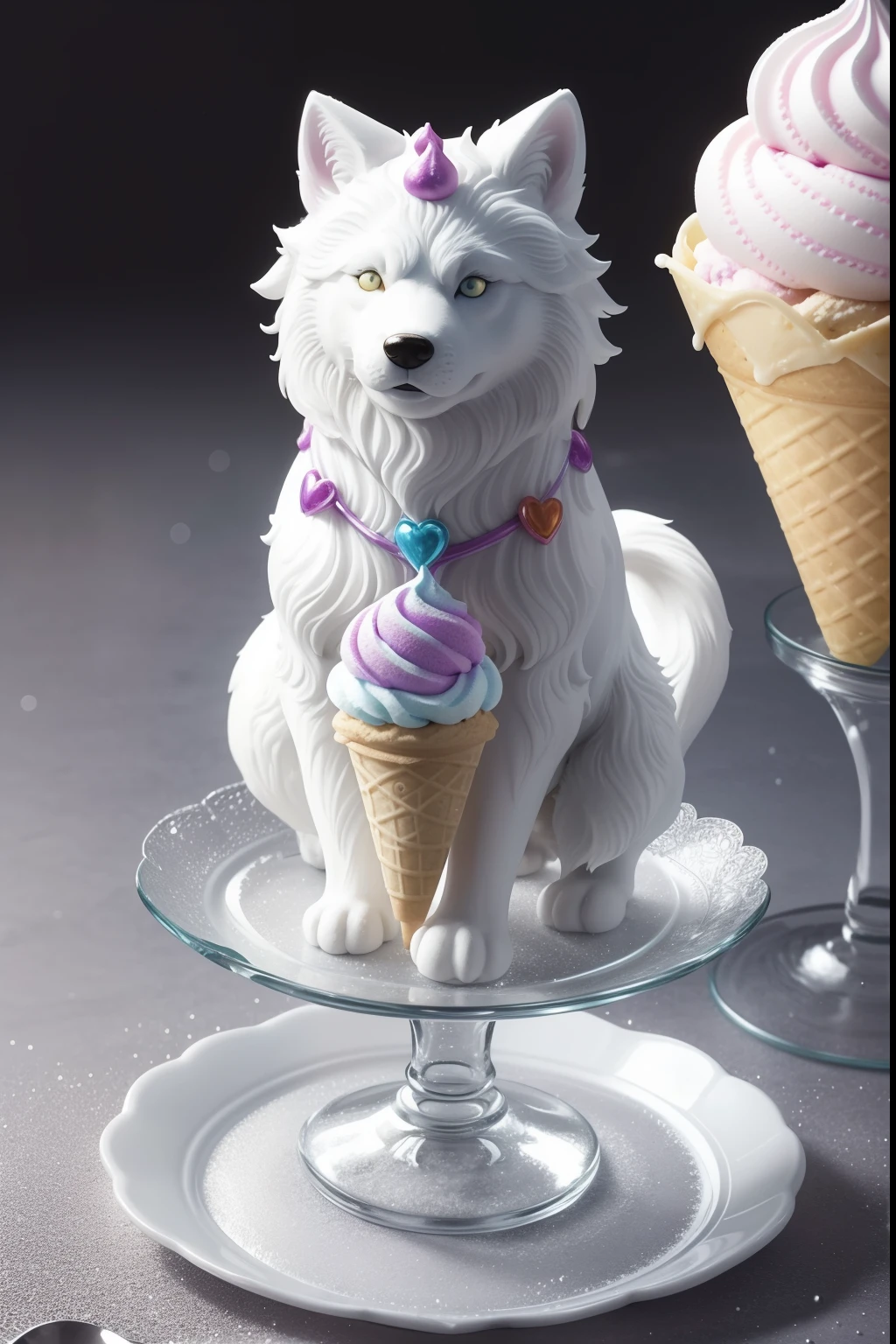 ice cream fantasy on a made of intricate glass plate, made of the ice cream with colorful sugar craft sculptures white wolf, (absurdly adorable cute, standing in honor:1.2), white sugar plum rain, (ice cream texture:1.3),