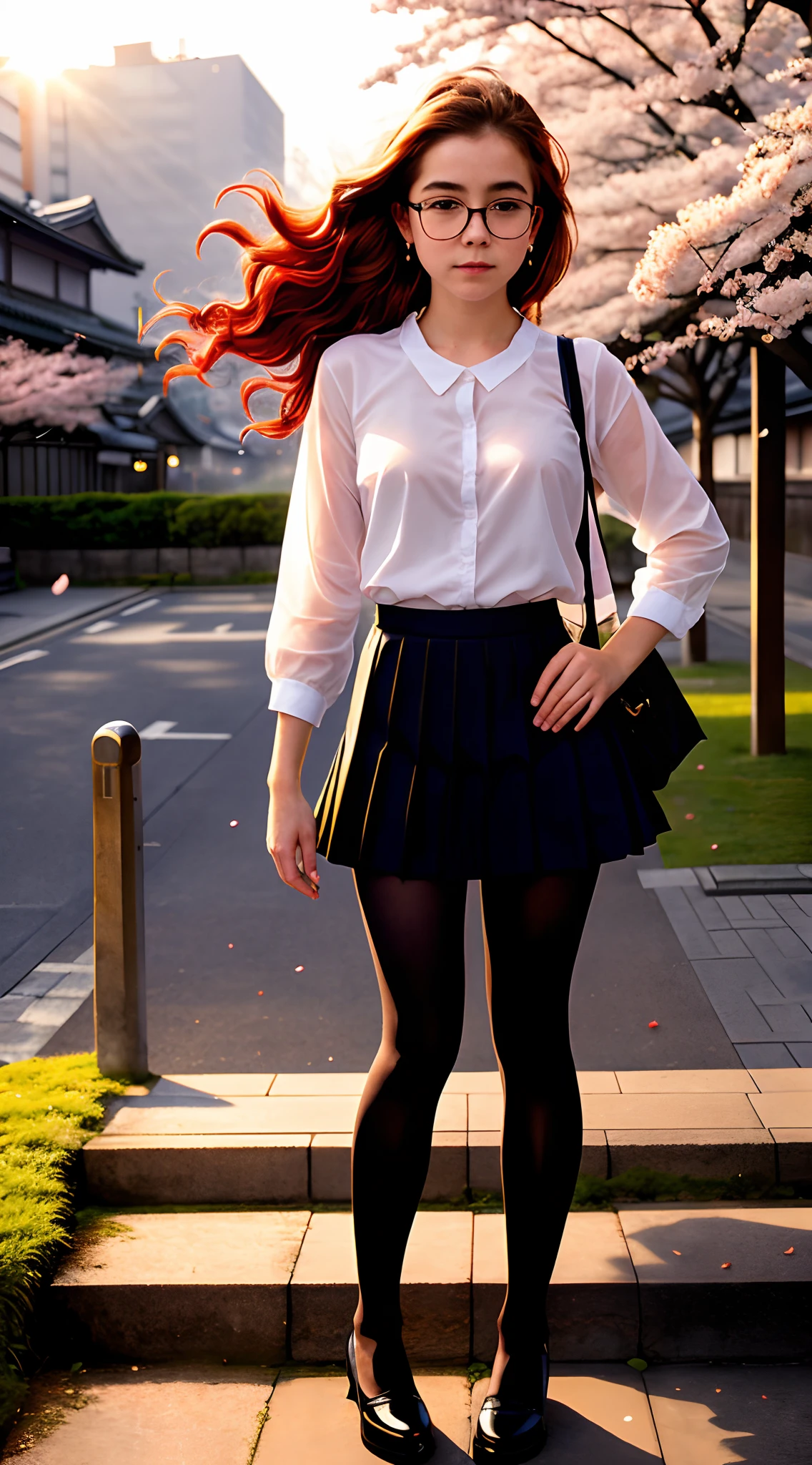 Beautiful young Kiernan Shipka, very realistic detailed face, 14 years old, very fair skin tone, glasses, large earrings, bare breasts, pleated skirt, dark leggings, morning sun, hyperrealistic, model body, small breasts, long hair, hair waves, red hair ends, long legs, 8k, 超High resolution, best quality, city in Japan, Tokyo, RAW portrait, photorealistic, cherry blossom, ambient lighting, detailed shadows, camera focus on genitalia, leaning towards the front, man grabbing girl, strong wind, fog, on stairs, low camera facing up