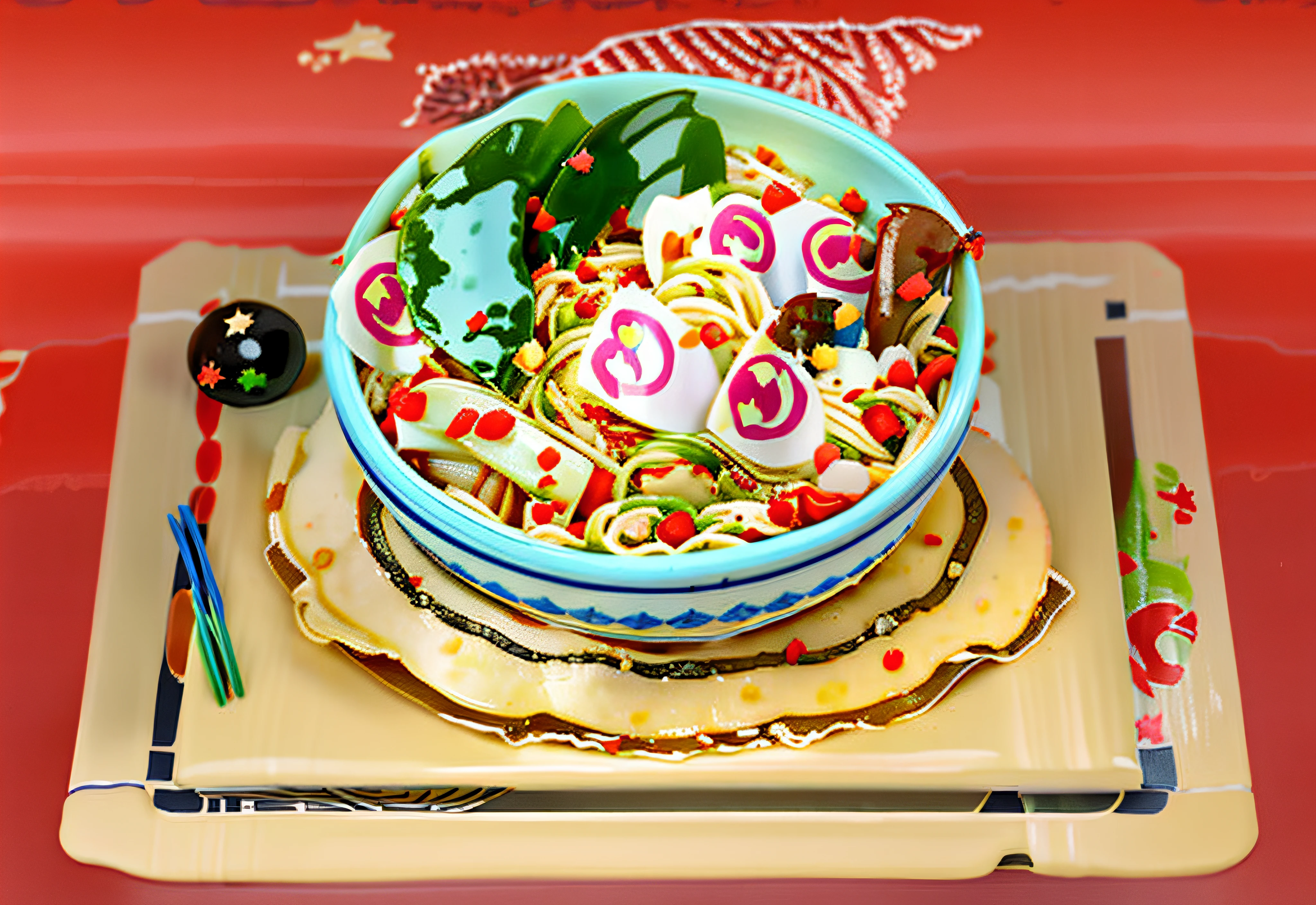 There's a bowl of noodles with a bunch of toppings, Comida de anime, eating ramen, noodle, estimar, eating noodles, Comida deliciosa, Sougetsu, inspirado em Tan Ting-pho, Katamari Damacy, Japanese fusion cuisine, Umamusume, tigela cheia de comida, Hajime Katoki, delicioso, mundo da comida da fantasia