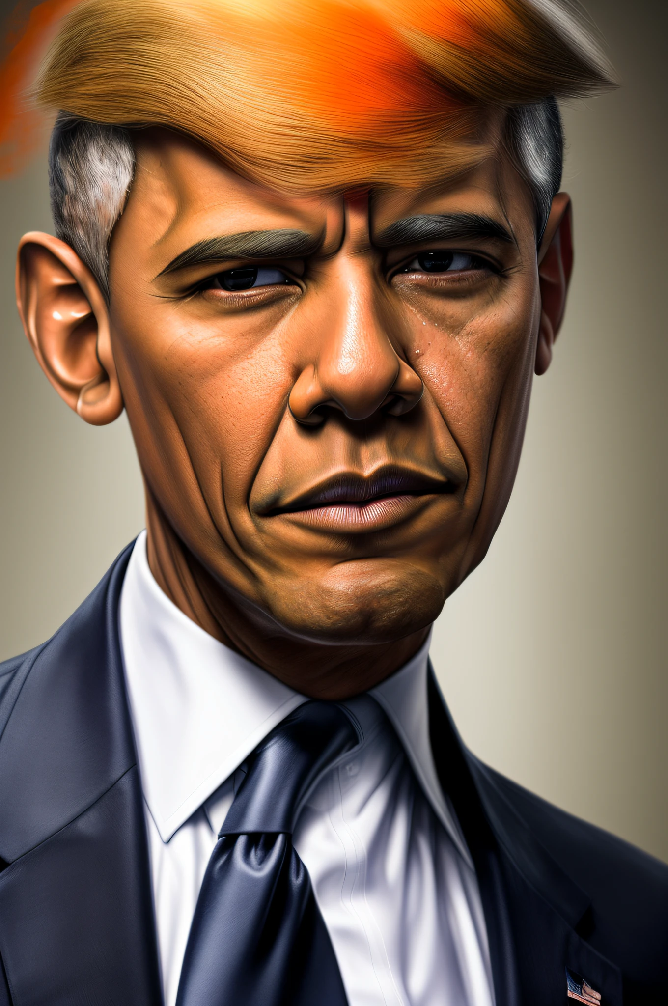 8k, RAW photo, best quality, masterpiece: 1.2), ultra detailed, official art, photorealistic: 1.37, full body photo, mix between (((Barack Obama with the hair color orange of Donald Trump 1.9))),
in the background the White House