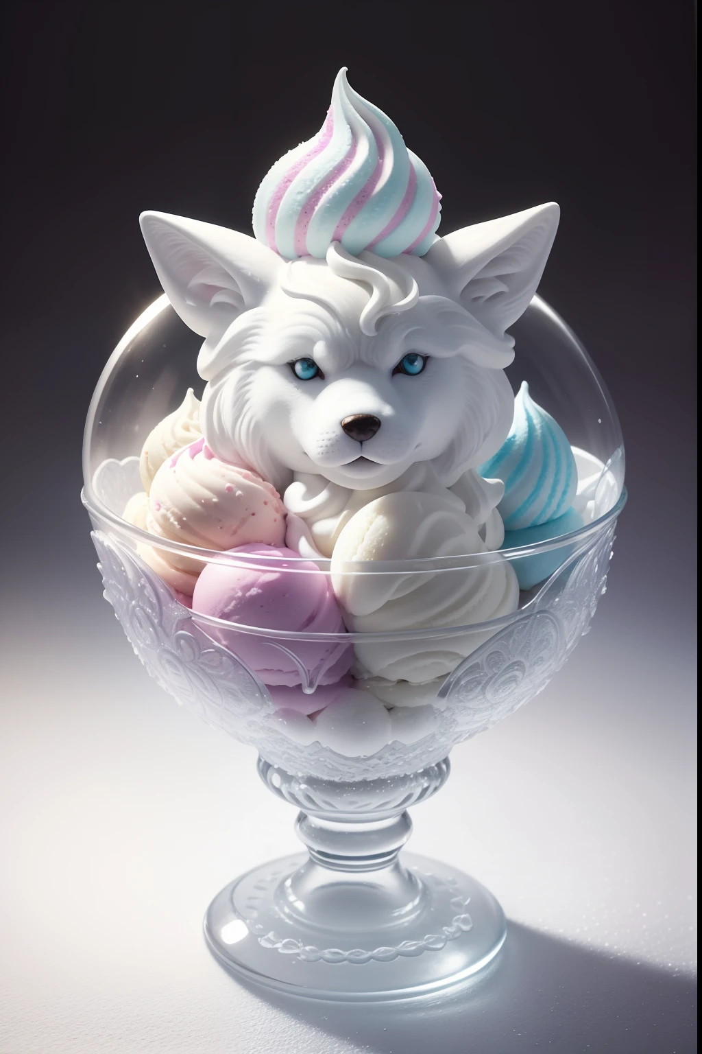 ice cream fantasy on a made of intricate glass plate, made of the ice cream with colorful sugar craft sculptures white wolf, (absurdly adorable cute, standing in honor:1.2), white sugar plum rain, (ice cream texture:1.3),