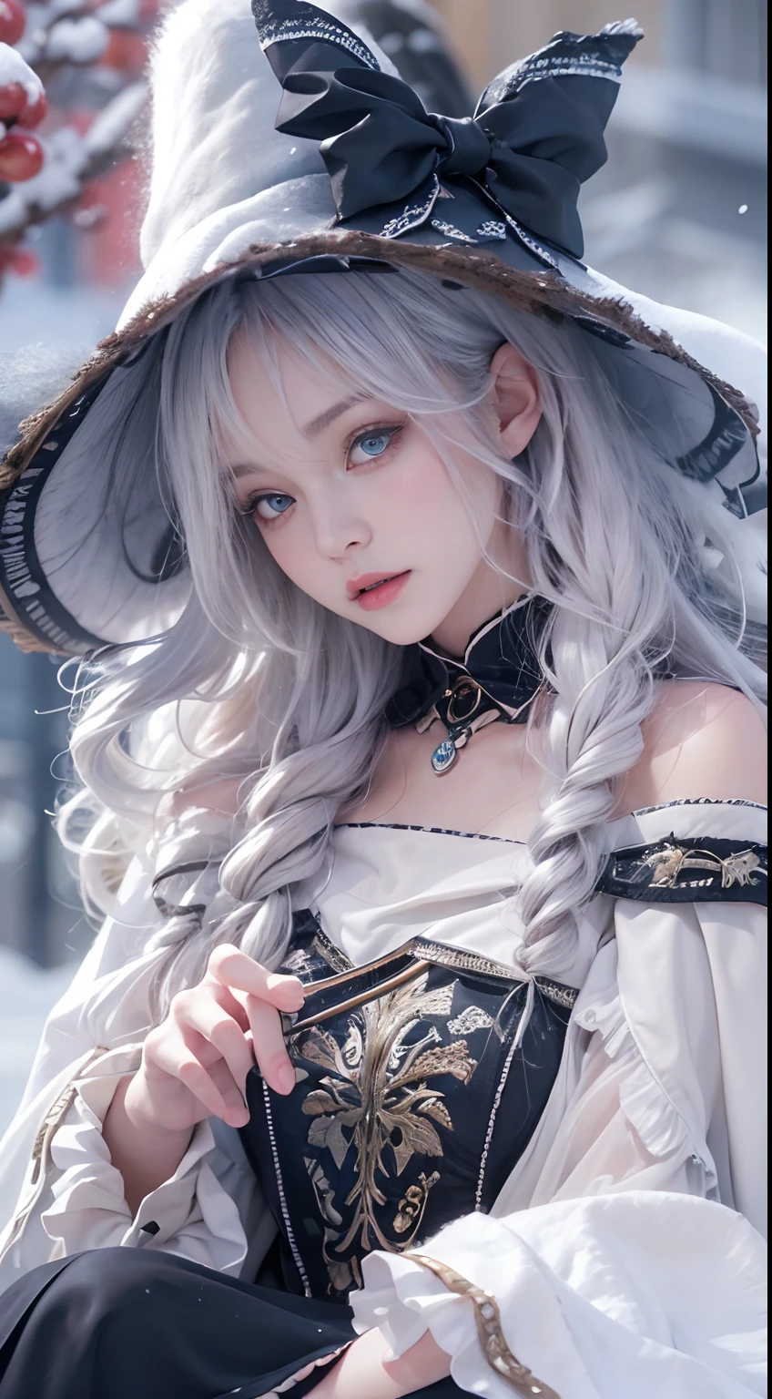 (8K, RAW photo, Photorealistic:1.4)， high resolution, 1 Women, Solo,。.3D，Sitting,(Lolita costume)，Wear a flowing skirt， Beautiful eyes, White hair, ringed eyes, (sitted，Cloak，Heavy snow)，snowfield