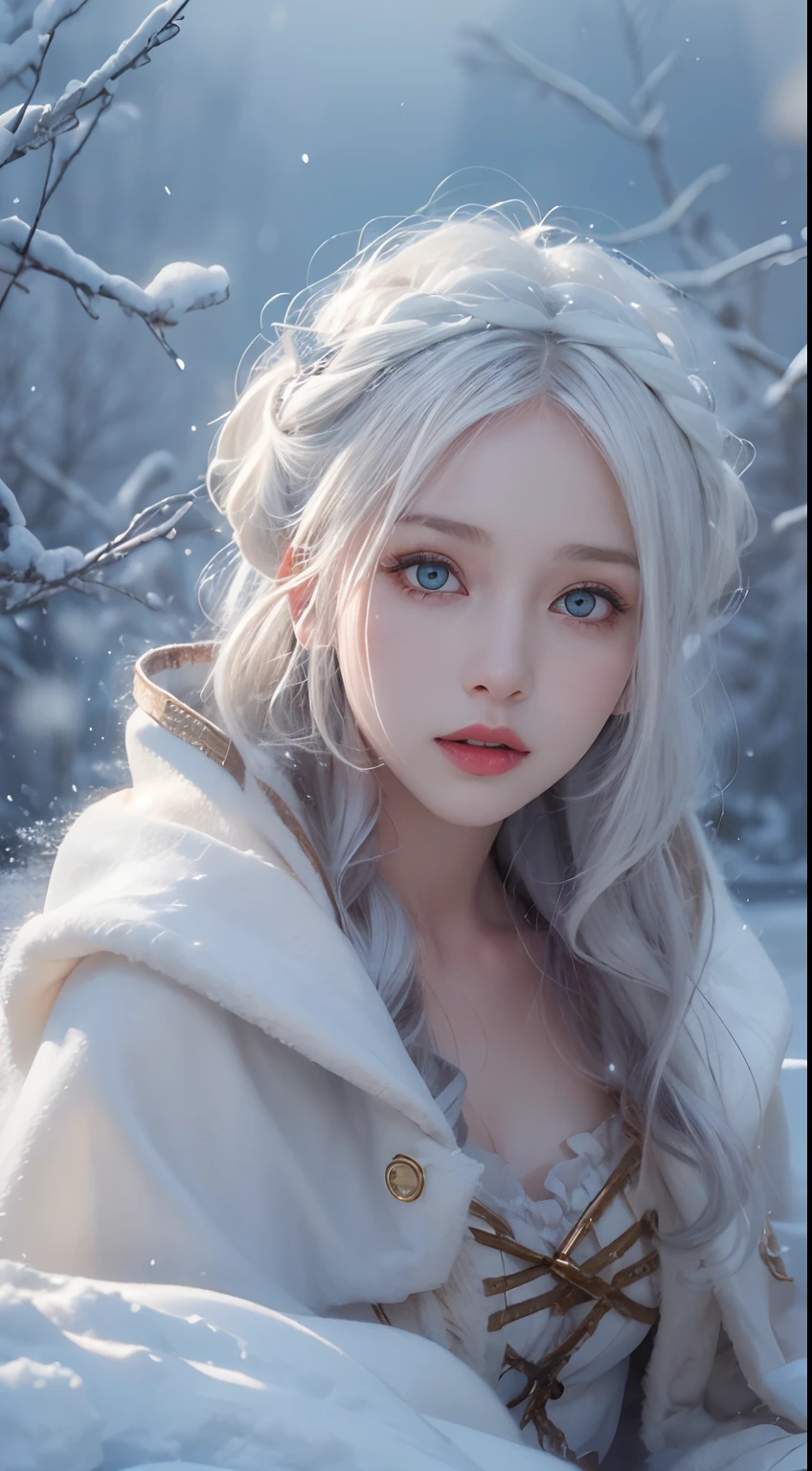 (8K, RAW photo, Photorealistic:1.4), high resolution, 1 Women, Solo,。.3D,Sitting,(Lolita costume),Wear a flowing skirt, Beautiful eyes, White hair, ringed eyes, (sitted,Cloak,Heavy snow),snowfield