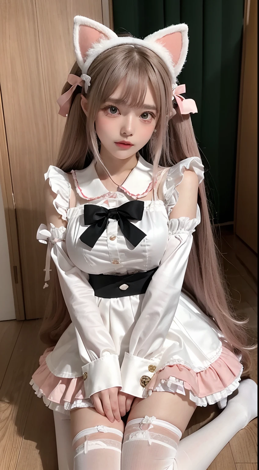 1girll,Large breasts, Spread legs, cheerfulness, (girl in gift box), full bodyesbian, From above, 8K, RAW photo, Best quality, Masterpiece:1.2, cinema), (Realistic, photo-realistic:1.3), Bondage, in box, Bound, box, ribbon, view the viewer, Blush, plushies, Kneeling,facing up, Hair, gift, Christmas,Christmas gifts, (Gift box:1.1), bound wrists, ribbon bondage, (Blush,Body blush:1.3), (blackmail:1.1), school uniform,black thighhigns, (zettai ryouiki:1.1), parted lip, Small breasts,cheerfulness,Cold,kawaii,Cute,(White cat ears:1.2),(Lolita Costume Outfit:1.2),