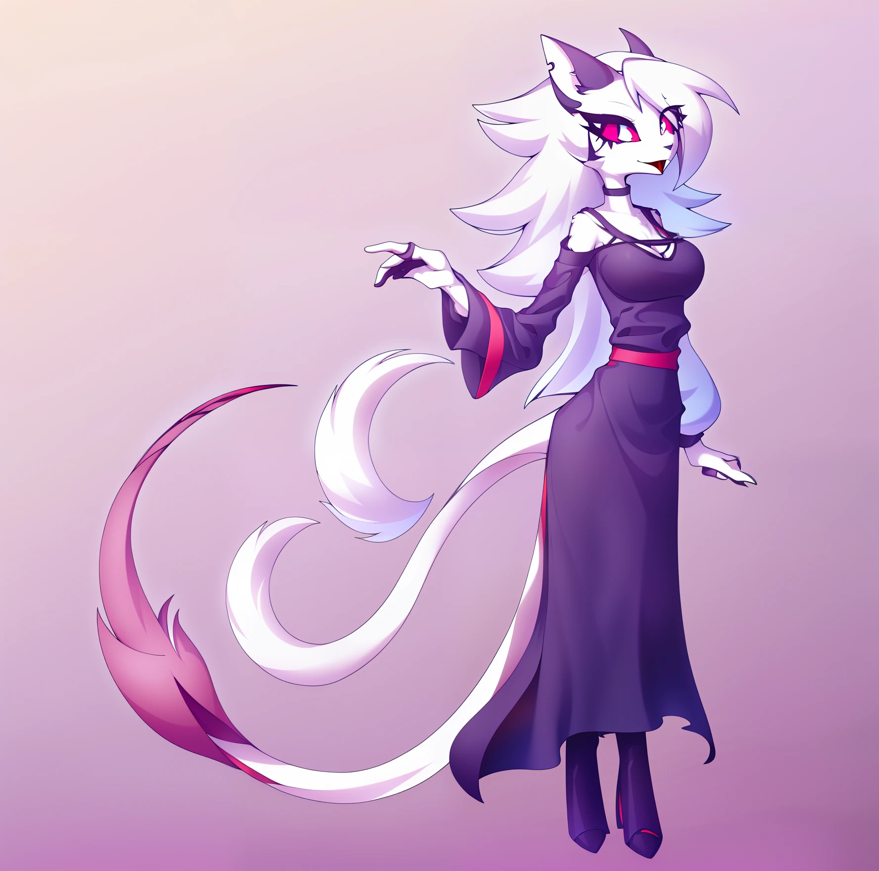 by Zinfyu, \(helluva boss\), Cat demon, Colorful white body, Light blue sclera, White eyes, Furry tail, stellar, Female, Solo, absurd res,  formal outfit，Just one person，Tall and tall，ellegance，carismatic，big breasts beautiful，Solid color white background