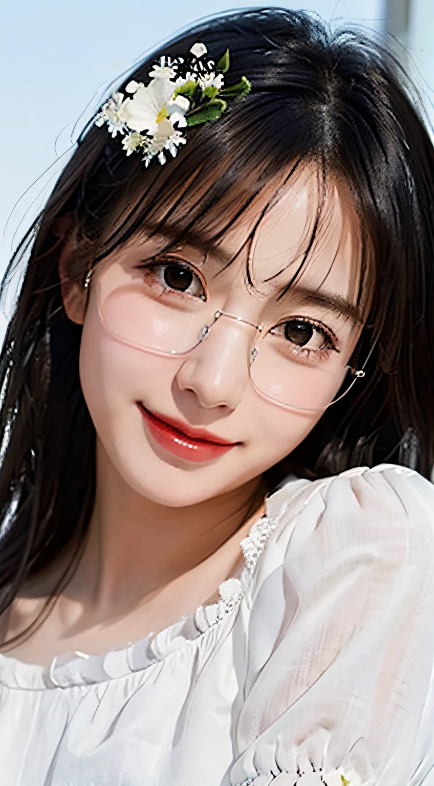1girll,From the top,Black fringed hair,With small flowers on the head,Messy hair,Black eyes,Sweet smile,wears glasses,White color blouse,grassy fields,flower sea,blue-sky,Light and shadow realism,intricately details:1.2,tmasterpiece:1.3,top-quality:1.4,Super A resolution,A detailed eye,Detailed facial features,
