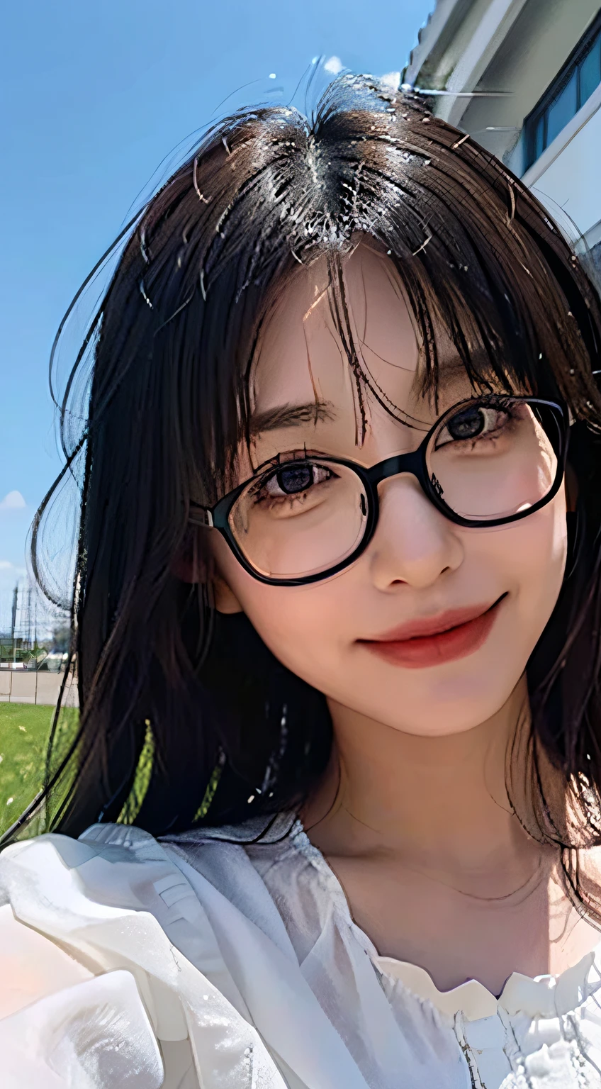 1girll，From the top，Black fringed hair，With small flowers on the head，Messy hair，Black eyes，Sweet smile，wears glasses，White color blouse，grassy fields，flower  sea，blue-sky，Light and shadow realism，intricately details:1.2，tmasterpiece：1.3，top-quality：1.4，Super A resolution，A detailed eye，Detailed facial features，