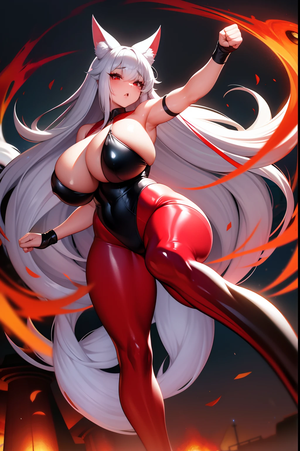 long white hair,red pupils,fox demon, 5,Short height,fistfight,Fist,gnome,huge tit,爆乳,Extra large,A sagging breast,plumw,fat hips,black reotard,blackstockings,Charming,high-heels