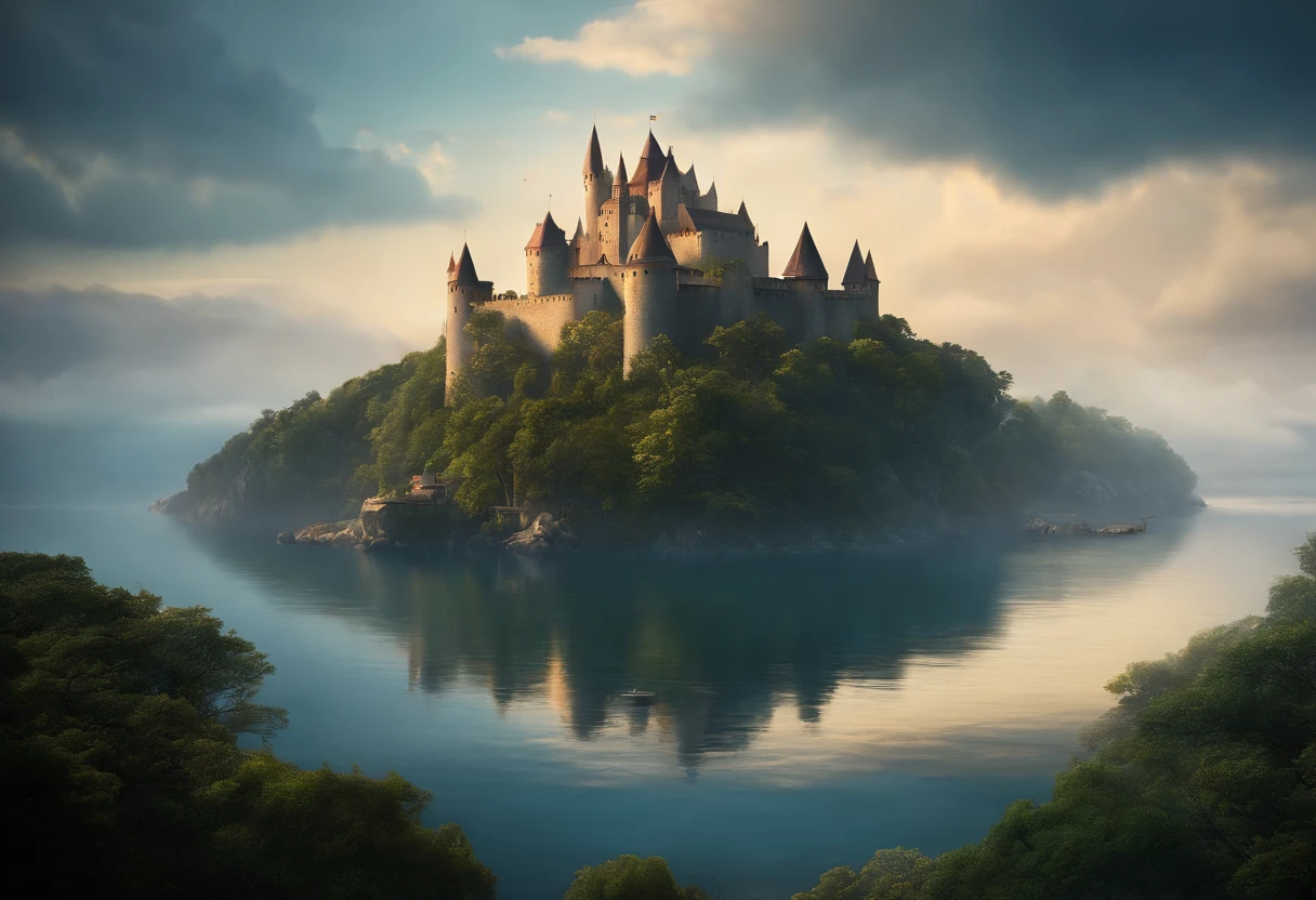 A majestic castle rises from a small island (in the sky:1.4), surrounded by a (sea of clouds:1), The island is filled with buildings of various shapes and sizes, creating a stunning contrast between the ancient and the modern. The castle is a masterpiece of matte painting by impressionist painter, (a floating city that defies gravity:1.1) and logic, yet captivates the viewer with its beauty and mystery.