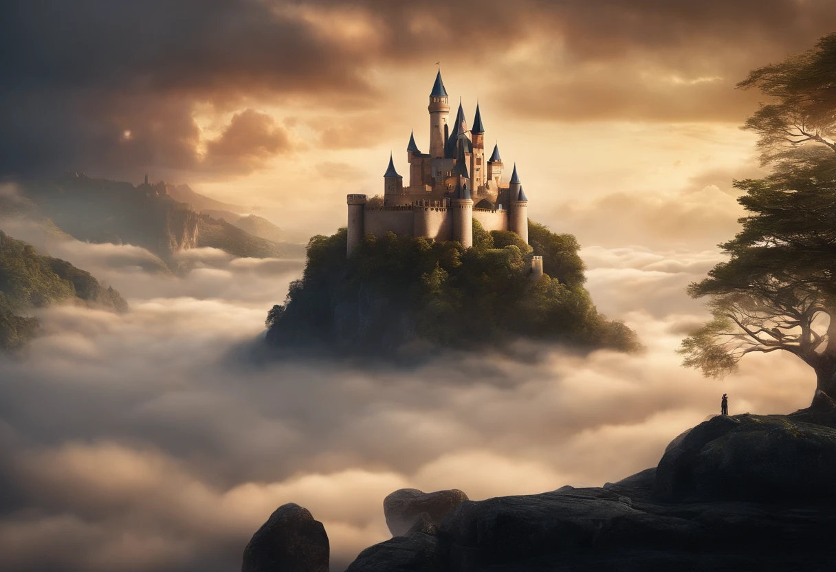 A majestic castle rises from a small island (in the sky:1.4), surrounded by a (sea of clouds:1), The island is filled with buildings of various shapes and sizes, creating a stunning contrast between the ancient and the modern. The castle is a masterpiece of matte painting by impressionist painter, (a floating city that defies gravity:1.1) and logic, yet captivates the viewer with its beauty and mystery.