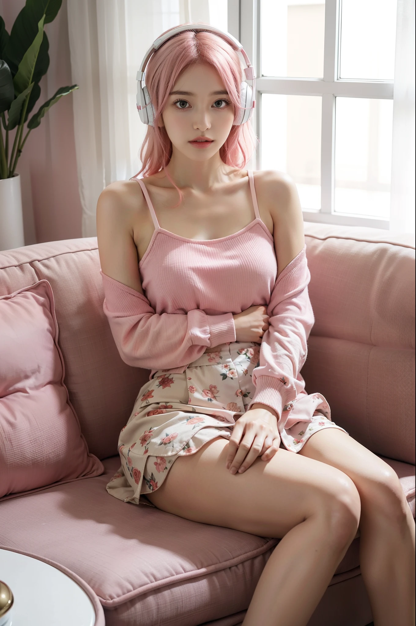 Kizi,Sit on a comfortable sofa,listen to song,Soft light，Pink hair，inside in room，Floral skirt，Bring headphones