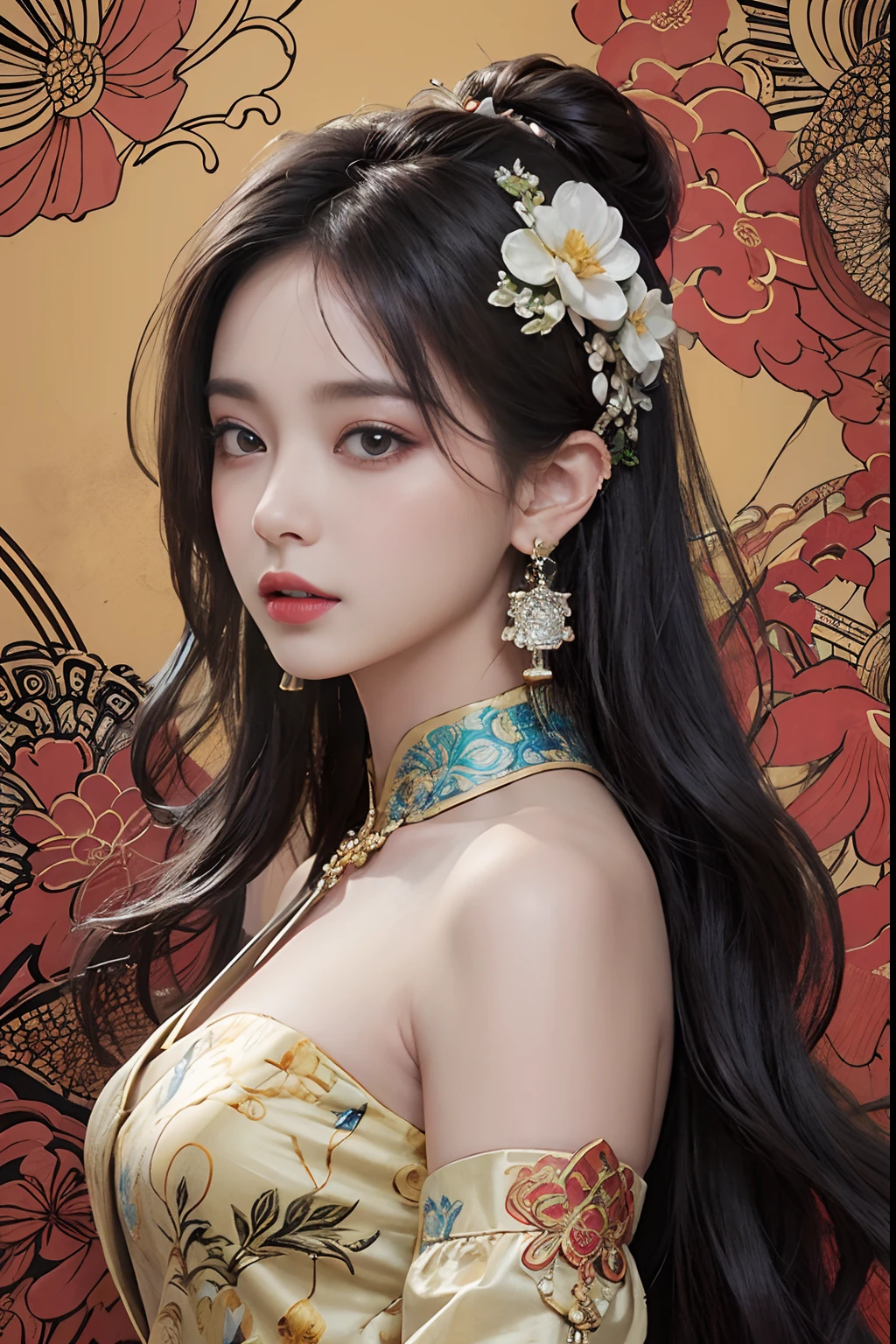 (masterpiece, top quality, best quality, official art, beautiful and aesthetic:1.2), (1girl:1.3), extremely detailed,(fractal art:1.1),(colorful:1.1)(flowers:1.3),highest detailed,(zentangle:1.2), (dynamic pose), (abstract background:1.3), (chinese Traditional cloth:1.2), (shiny skin), (many colors:1.4), ,(earrings:1.4),