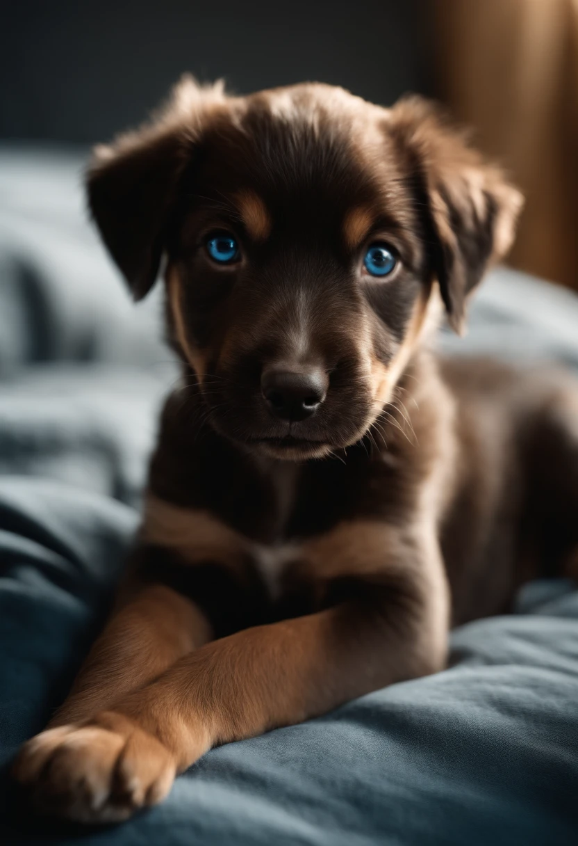 cute baby dog on the bed and realistic picture with sunlight on face dark background blue eye brown hair