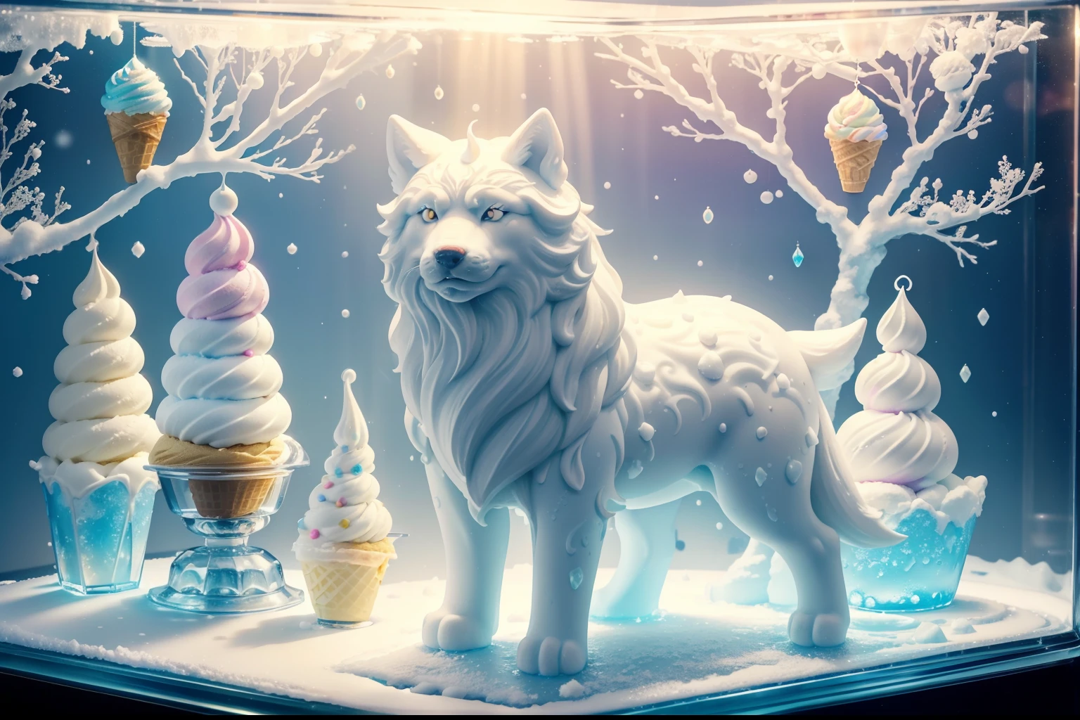 ice cream fantasy,an ice cream fantasy inside a detailed glass case created by lighting the sun's rays, made of the ice cream with colorful sugar craft sculptures white wolf, (absurdly adorable cute, standing in honor:1.2), white sugar plum rain, (ice cream texture:1.3), the tree-lined streets are expressed with sweets, the fallen snow is expressed with white chocolate and sugar sweets,