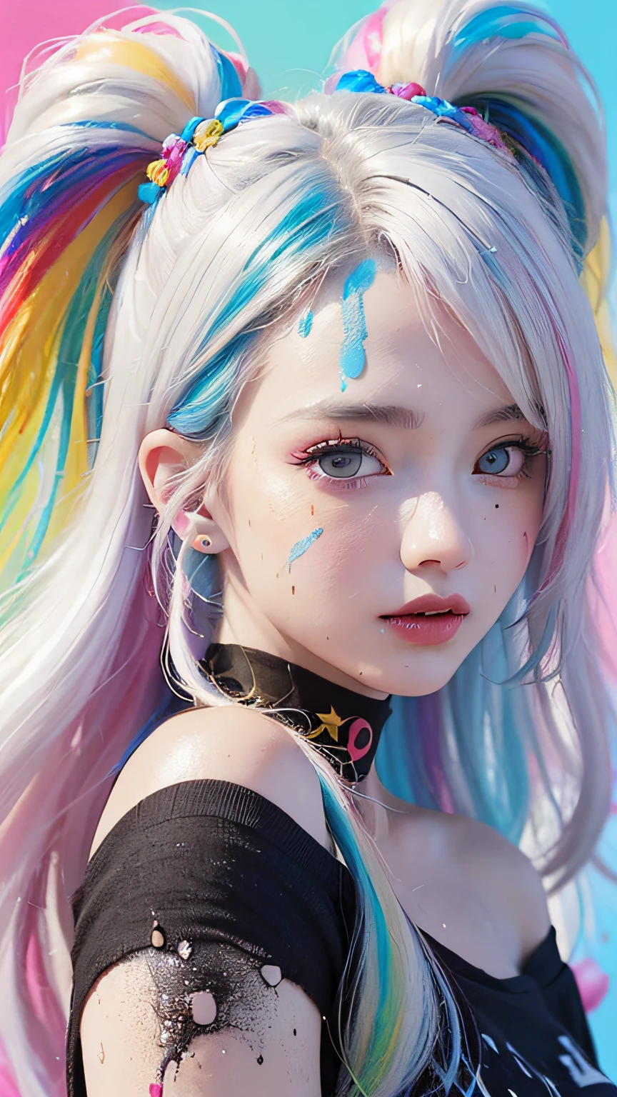 （Pink Fashion T-shirt：1.9），(Colorful hair: 1.8), (all the colours of the rainbow: 1.8),(((((vertical painting：1.6))), （painting：1.6），front, comics, illustrations, paintings, large eyes, crystal clear eyes,（ rainbow color gradient high ponytail：1.7）, exquisite makeup, closed mouth,(Small Fresh: 1.5),(Wipe Chest: 1.6) ，long eyelashes, white off shoulder T-shirt,  White Shoulder Shirt，looking at the audience, large watery eyes, (rainbow colored hair：1.6), color splash, （solo：1.8）, color splash, color explosion, thick paint style, messy lines, ((shining))，(colorful), (colorful), (colorful), colorful, Thick Paint Style, (Splash) (Color Splash), Vertical Painting, Upper Body, Paint Splash, Acrylic Pigment, Gradient, Paint, Highest Image Quality, Highest Quality, Masterpiece, Solo, Depth of Field, Face Paint,  colorful clothes, (Elegant: 1.2), gorgeous,long hair, wind, (Elegant: 1.3), (Petals: 1.4)，(((masterpiece))),(((best quality))),((ultra-detailed)),(illustration),(dynamic angle),((floating)),(paint),((disheveled hair)),(solo),(1girl) , (((detailed anima face))),((beautiful detailed face)),collar,bare shoulders,white hair, ((colorful hair)),((streaked hair)),beautiful detailed eyes,(Gradient color eyes),(((colorful eyes))),(((colorful background))),(((high saturation))),(((surrounded by colorful splashes))),